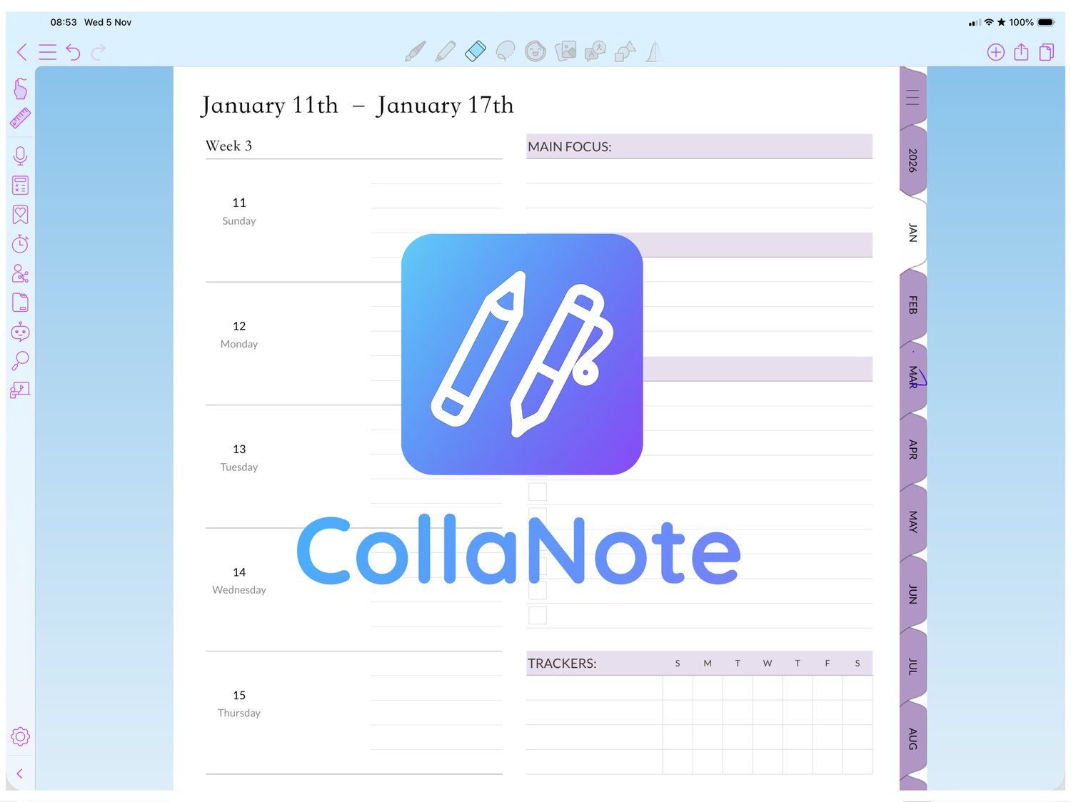 CollaNote app interface for digital planning and note-taking on iPad with stylus