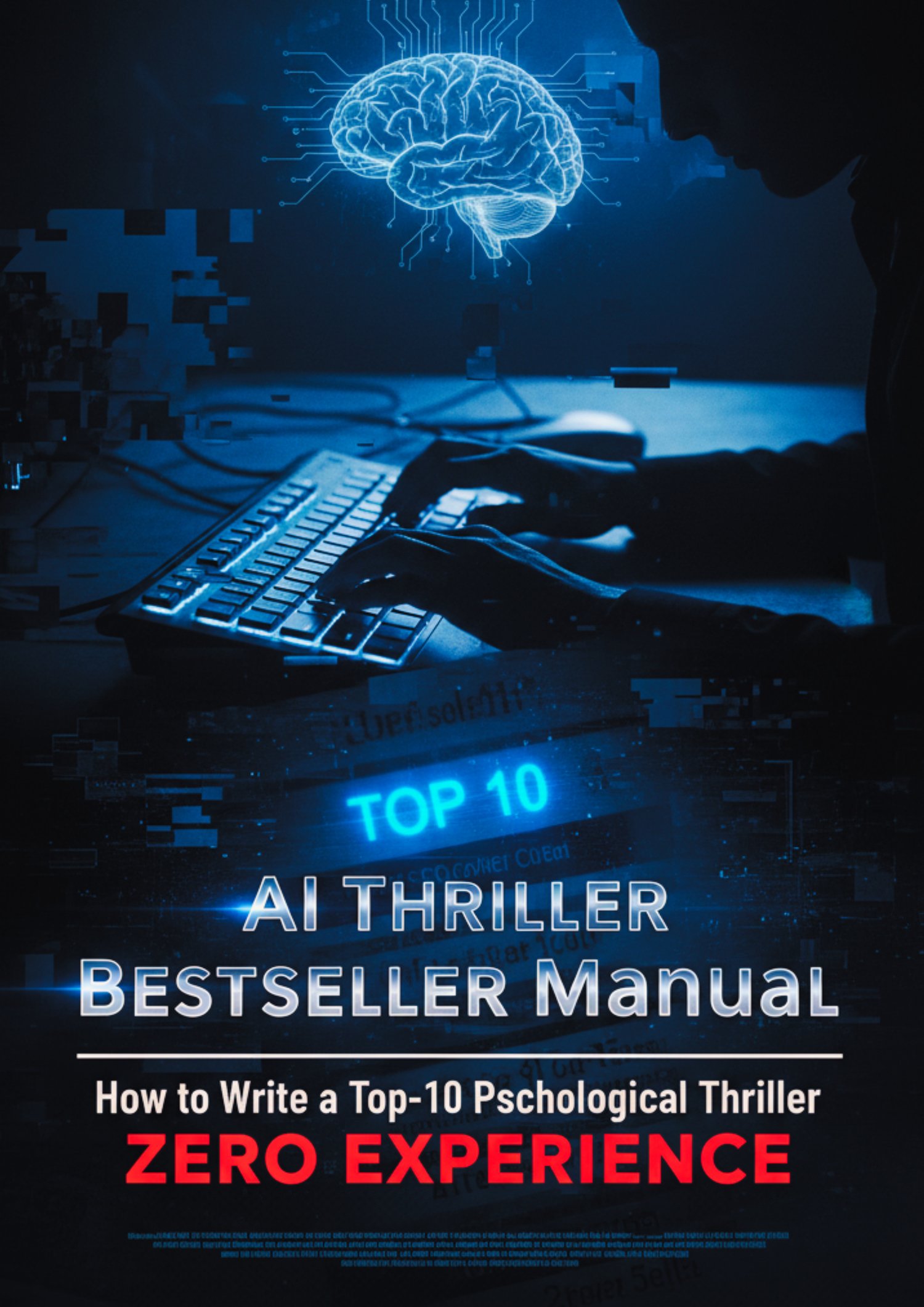 Cover image for AI Thriller Bestseller Manual. A shadowy figure in a hoodie uses a glowing keyboard with a holographic blue brain and circuit-like lines connecting to the screen. Text highlights "ZERO EXPERIENCE."