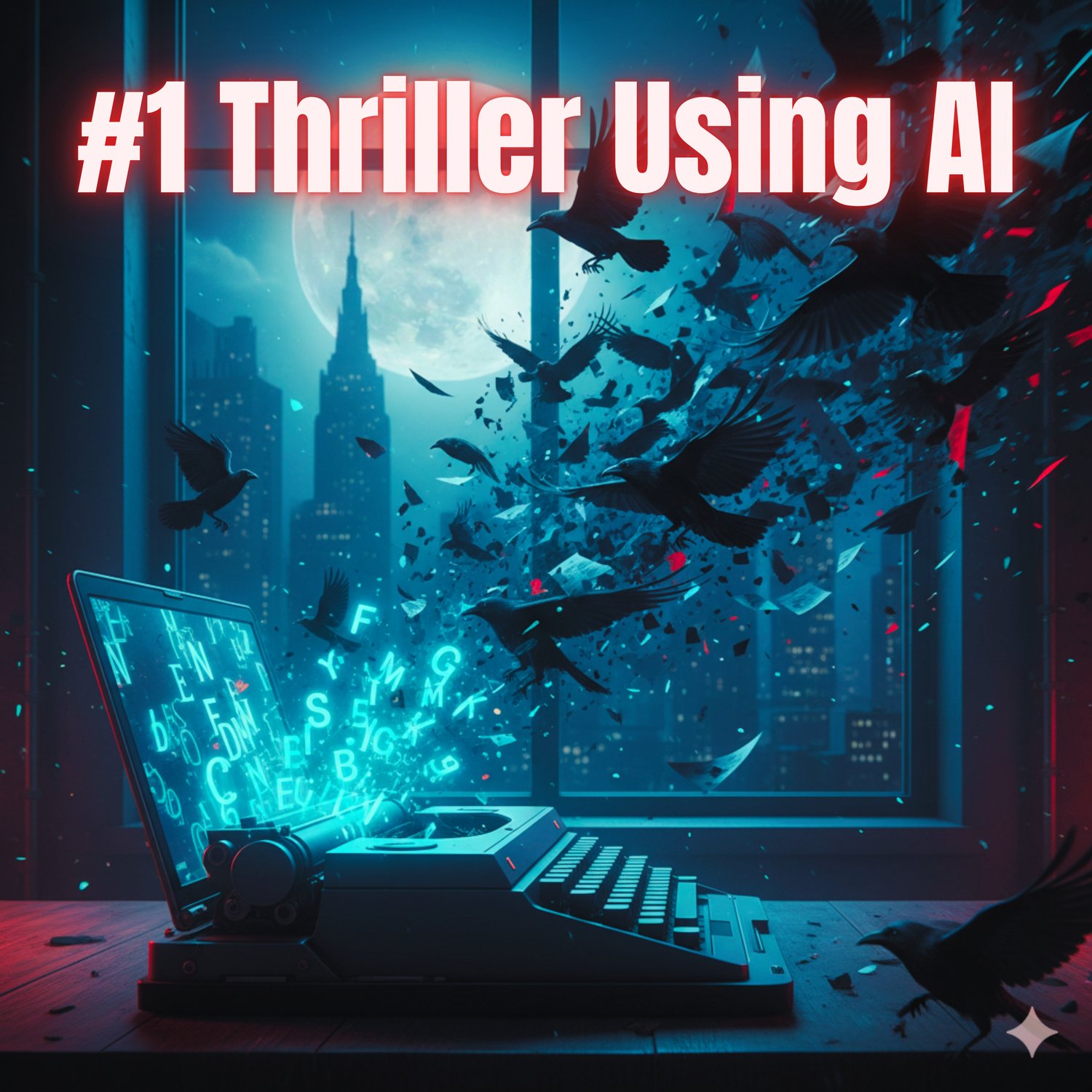 Promotional image for AI Writing: A dramatic scene where a futuristic laptop/typewriter hybrid is open on a desk, with letters, symbols, and dark paper fragments erupting from the keyboard, transforming into a flock of black birds (ravens/crows) flying ou