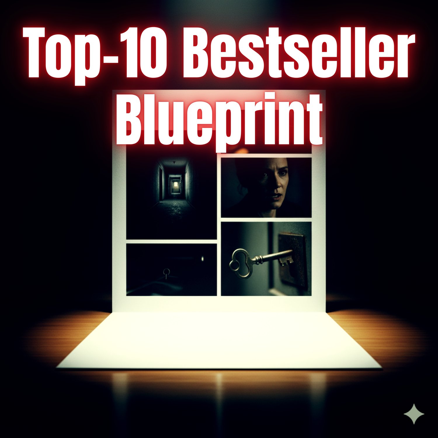 Top-10 Bestseller Blueprint visual guide with mystery photos and key. Discover the proven formula and hidden strategy for book writing success and high rankings.