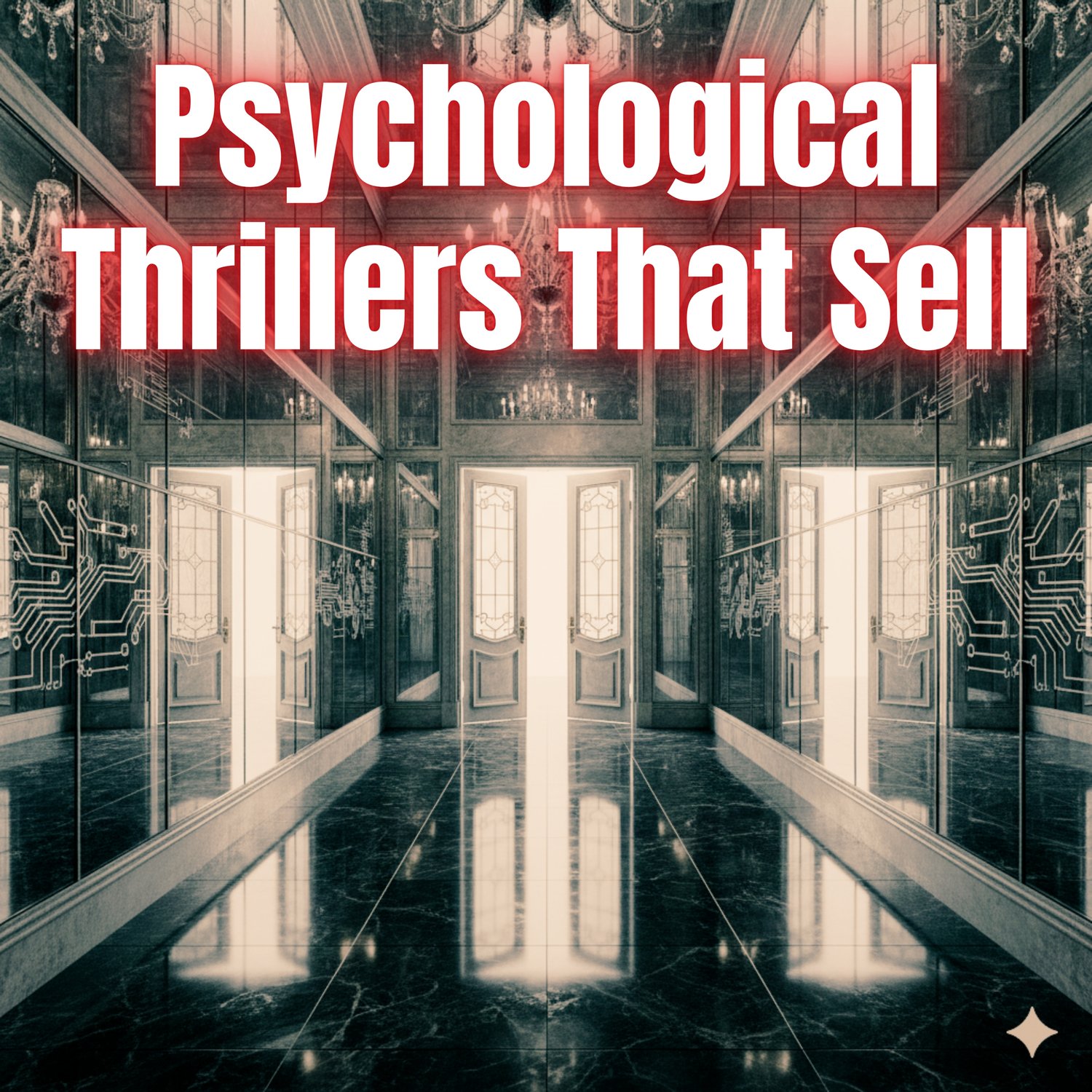 Psychological Thrillers That Sell. Image of a luxurious, mirrored hall symbolizing the complexity and strategy required to write and sell bestselling thrillers and mystery novels.