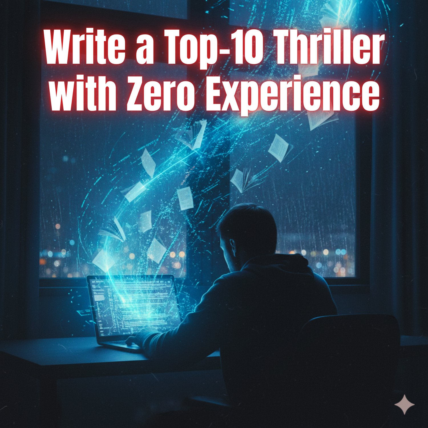 Promotional image for writing manual: A silhouette of a person in a hoodie typing intensely on a laptop at a desk, backlit by a large window overlooking a city skyline at night. Glowing blue data streams and pages fly from the screen. Large text overlays