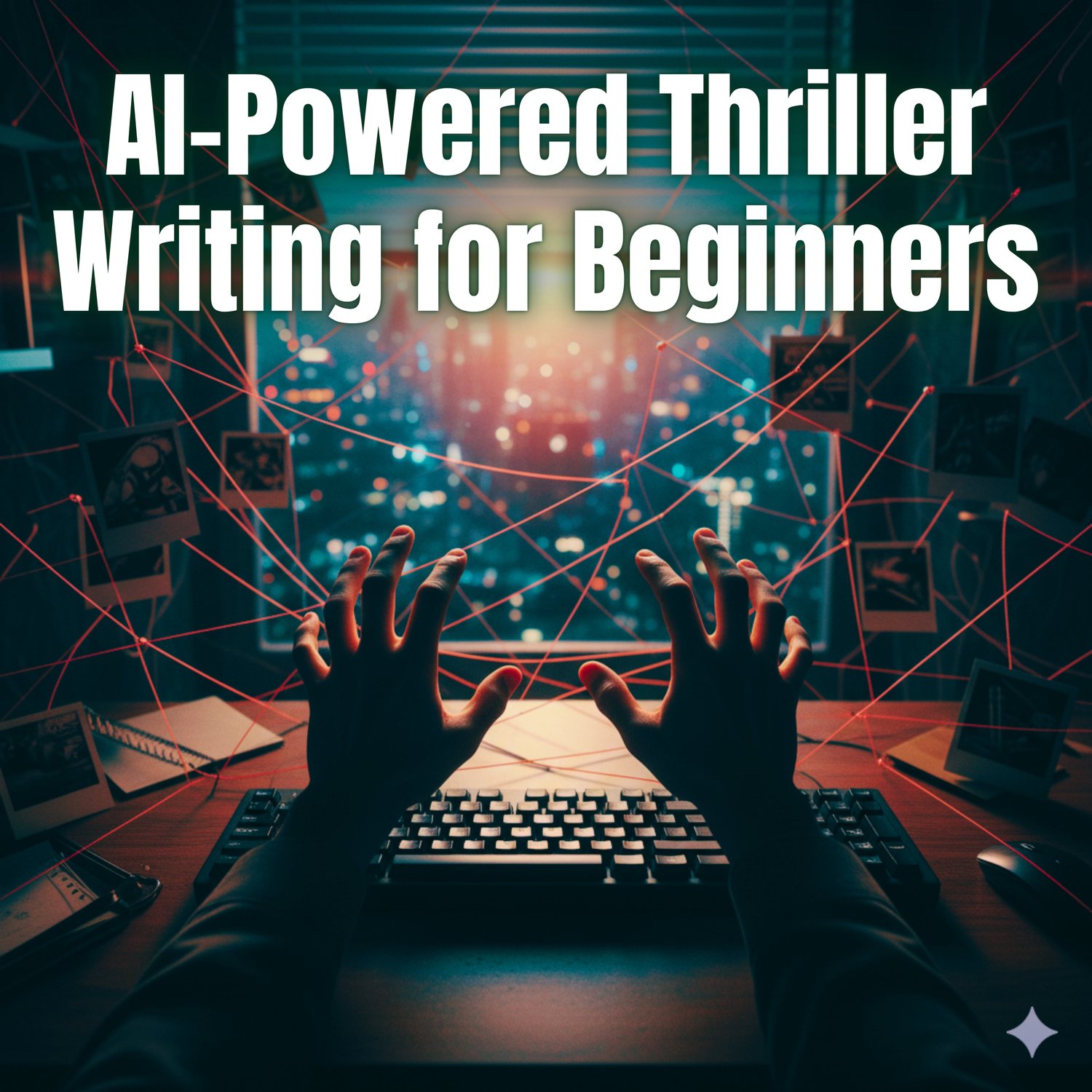 Hands over a keyboard with a conspiracy board on screen, representing AI-Powered Thriller Writing for Beginners. Learn to use AI tools for creative writing and plot generation.