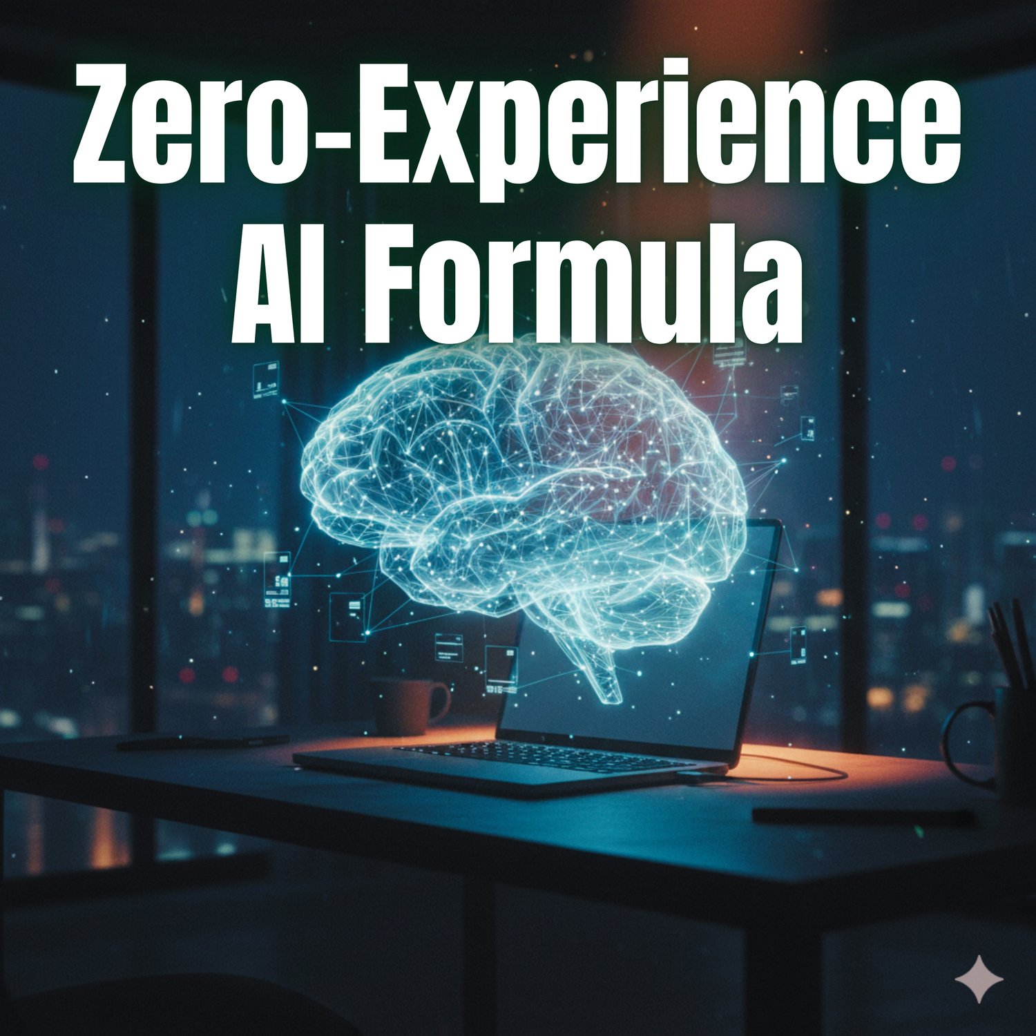 Laptop displaying a glowing digital brain, illustrating the Zero-Experience AI Formula for beginners. Learn AI without prior experience with this simple artificial intelligence guide.