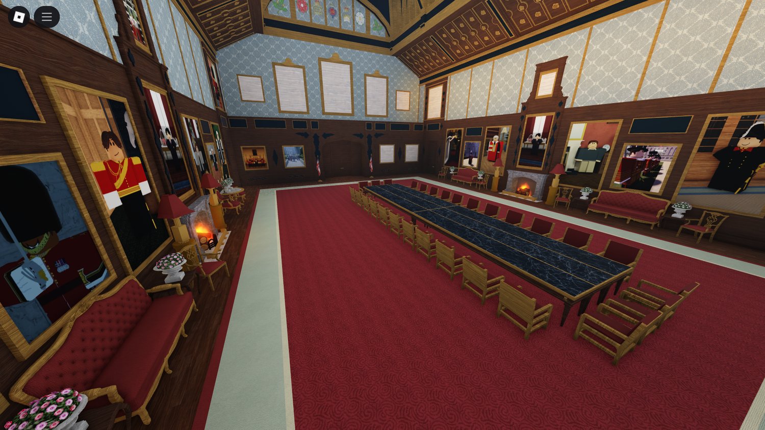 Interior banquet hall setup with butler service trays