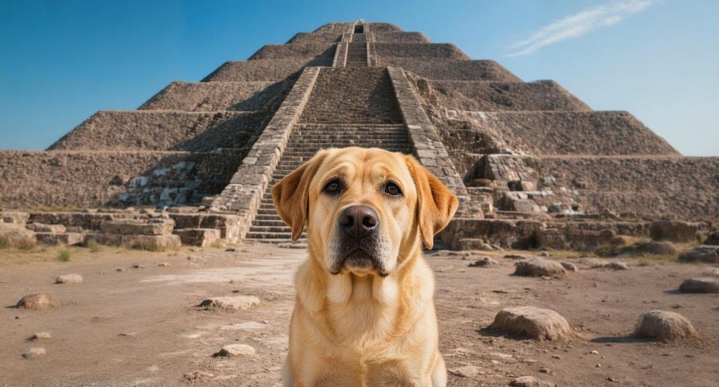 Sad yellow Labrador named Max sitting dejectedly in front of the massive Sun Pyramid at Teotihuacan with a confused 