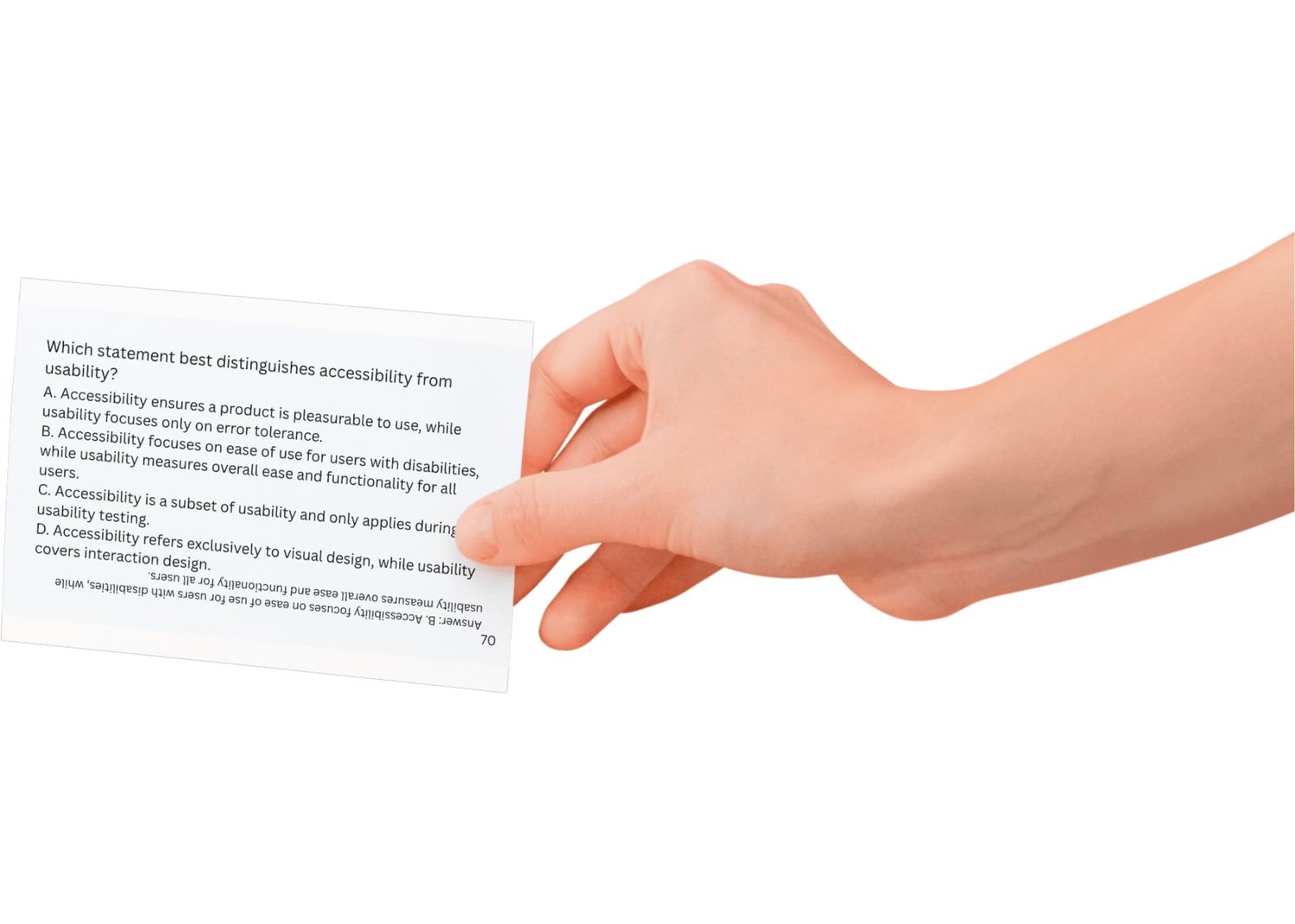 A hand holds a flashcard with a difficult practice question on it