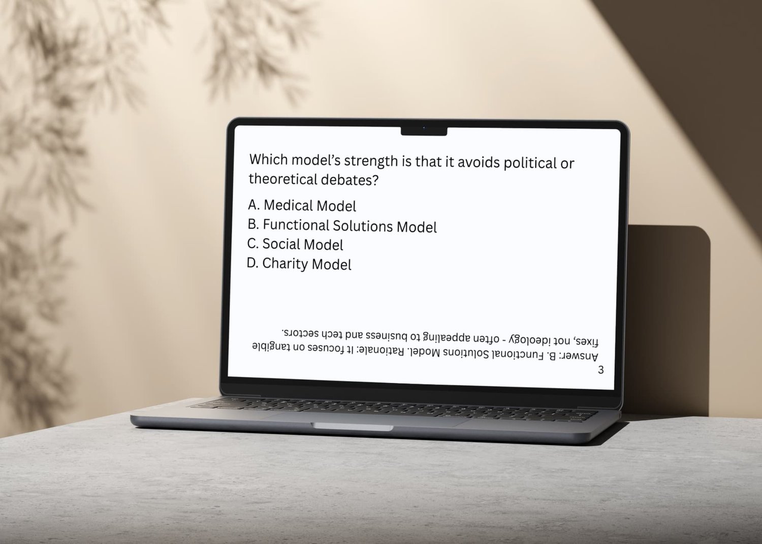 A laptop displays a difficult CPACC Question that reads Which models strength is that it avoids political or theoretical debates? With 4 multiple choice answers