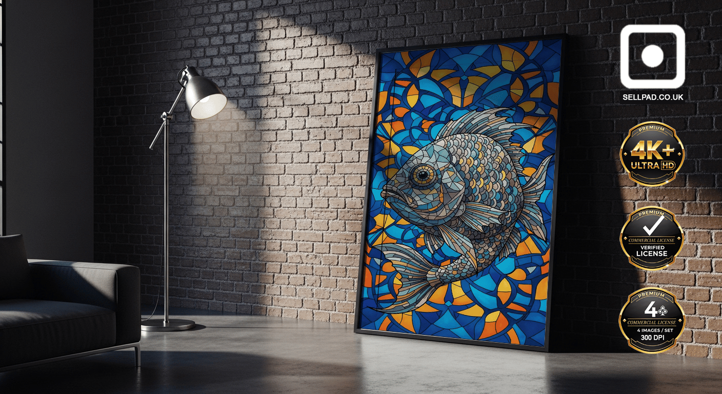 Colorful Mosaic Fish Digital Folk Art Poster – Framed Poster on Wall