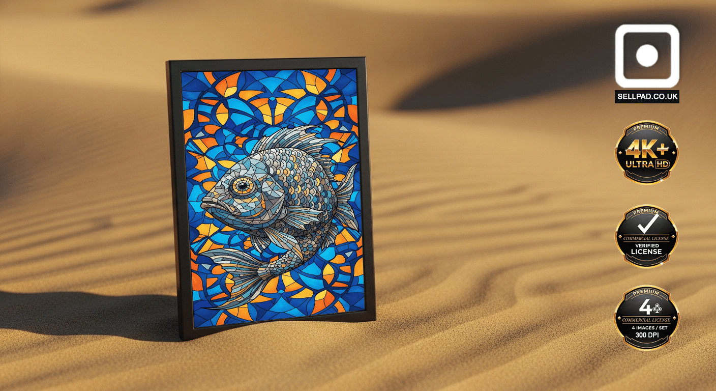 Colorful Mosaic Fish Digital Folk Art Poster – Cozy Living Room Setup