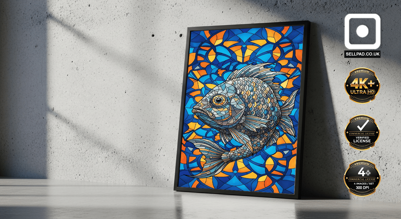 Colorful Mosaic Fish Digital Folk Art Poster – Elegant Room Setting