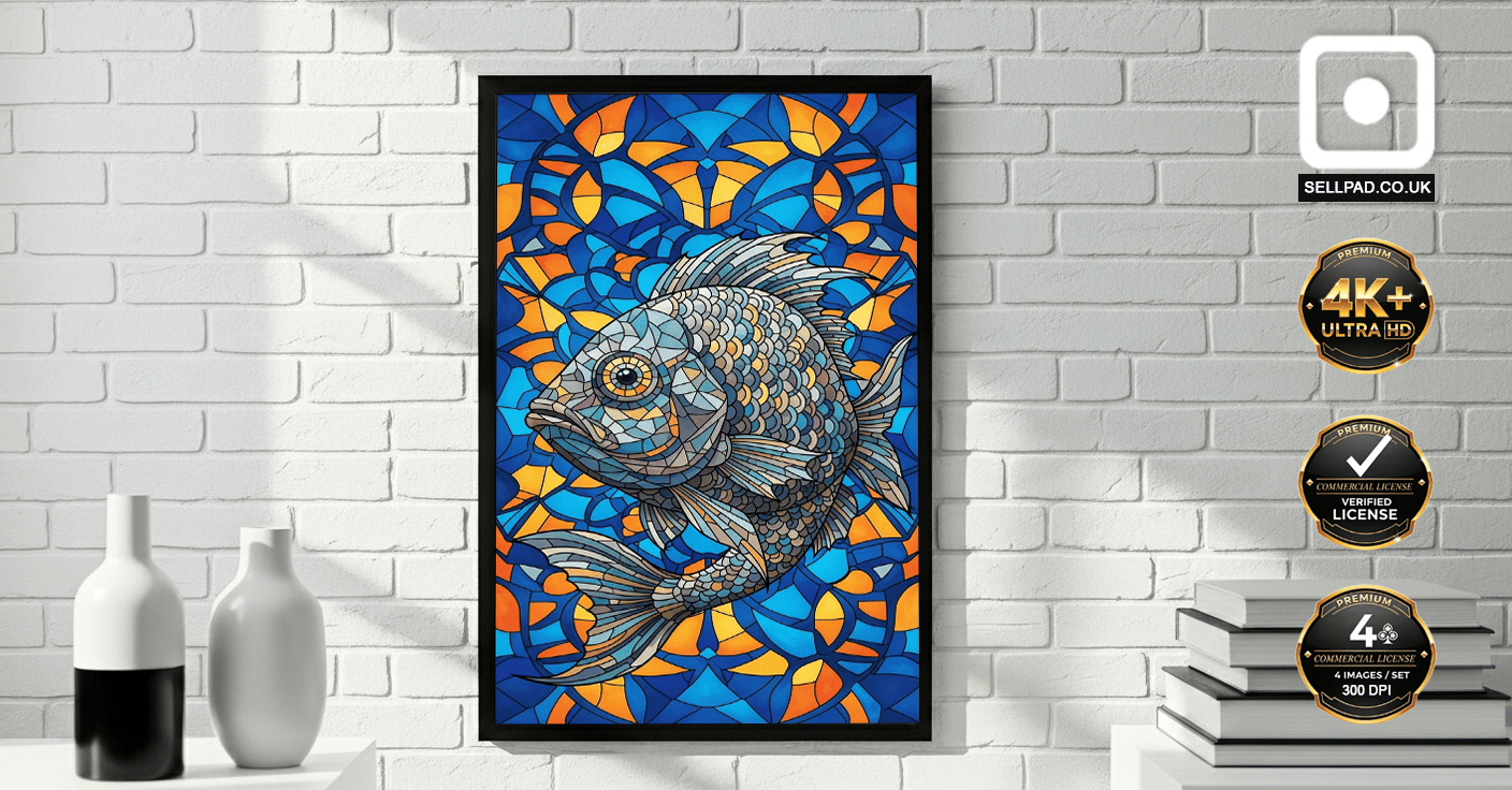 Colorful Mosaic Fish Digital Folk Art Poster – Clean Interior Background