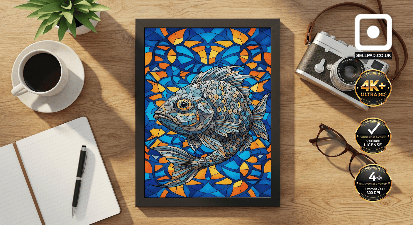 Colorful Mosaic Fish Digital Folk Art Poster – Realistic Wall Hanging Scene
