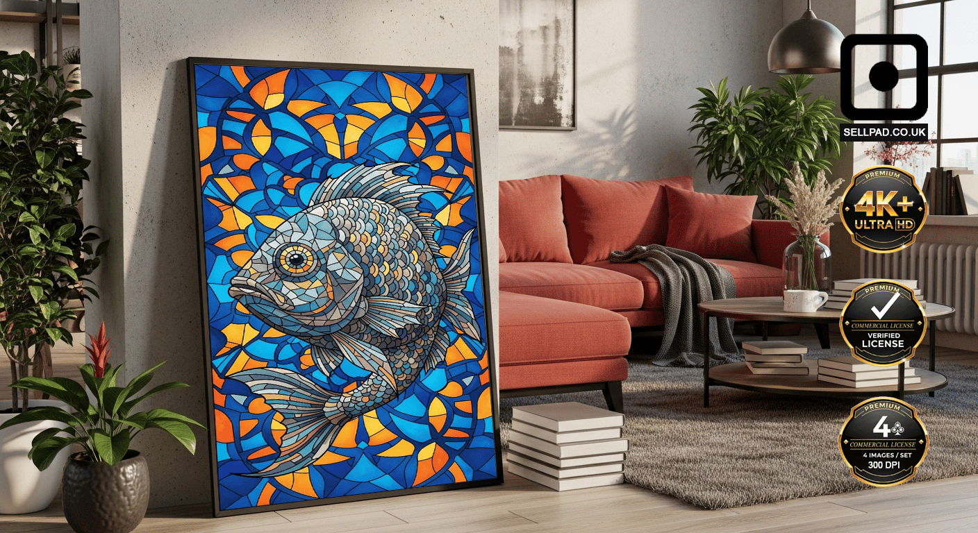 Colorful Mosaic Fish Digital Folk Art Poster – Bright Room Composition