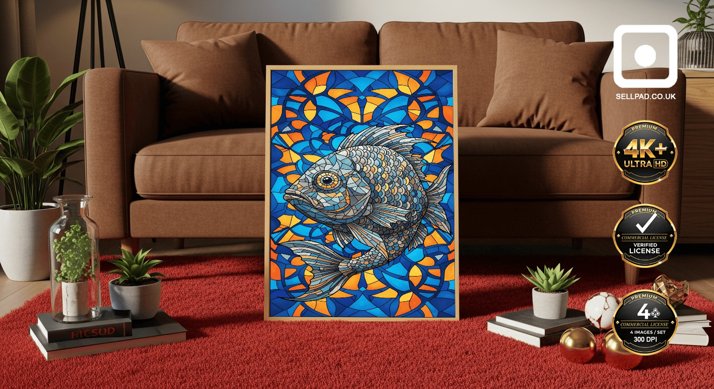 Colorful Mosaic Fish Digital Folk Art Poster – Decorative Room Background