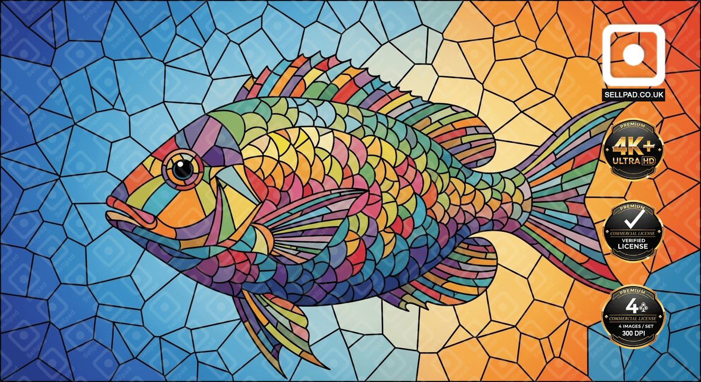 Colorful Mosaic Fish Digital Folk Art Poster – Elegant Room Setting