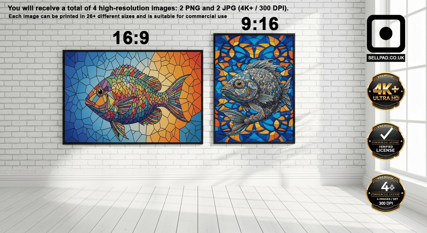 Colorful Mosaic Fish Digital Folk Art Poster – Decorative Wall Layout