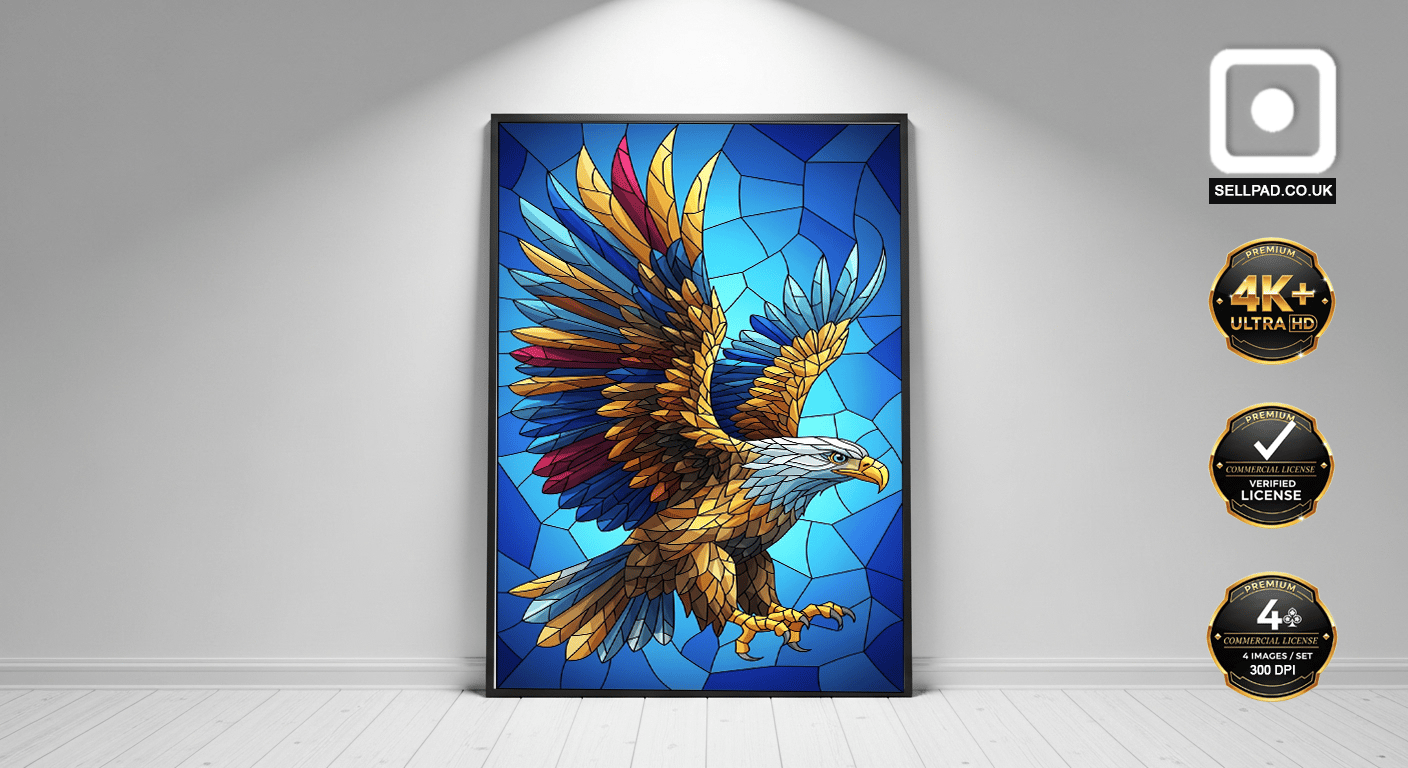 Vibrant Mosaic Eagle Abstract Digital Art – Warm Interior Atmosphere