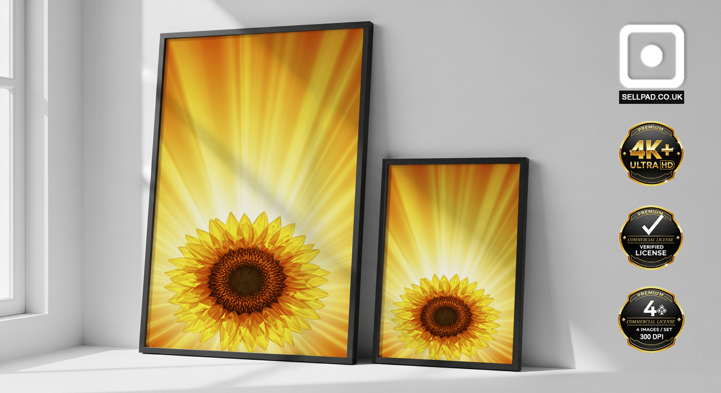 Sunflower Abstract Mosaic Poster in Bright Yellow Tones – Neutral Tone Wall Mockup