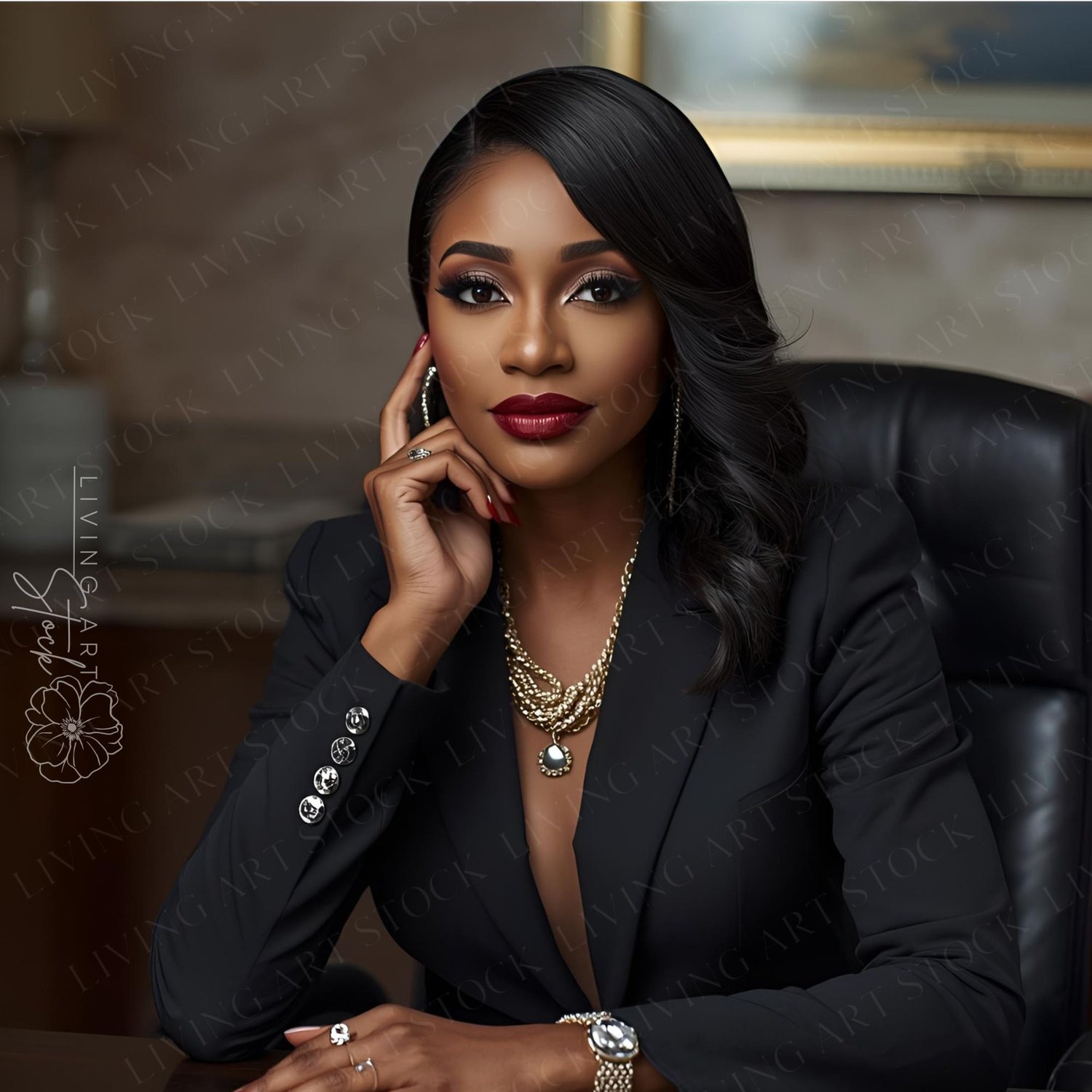 blakc woman sitting in a corporate office wearing a black suit