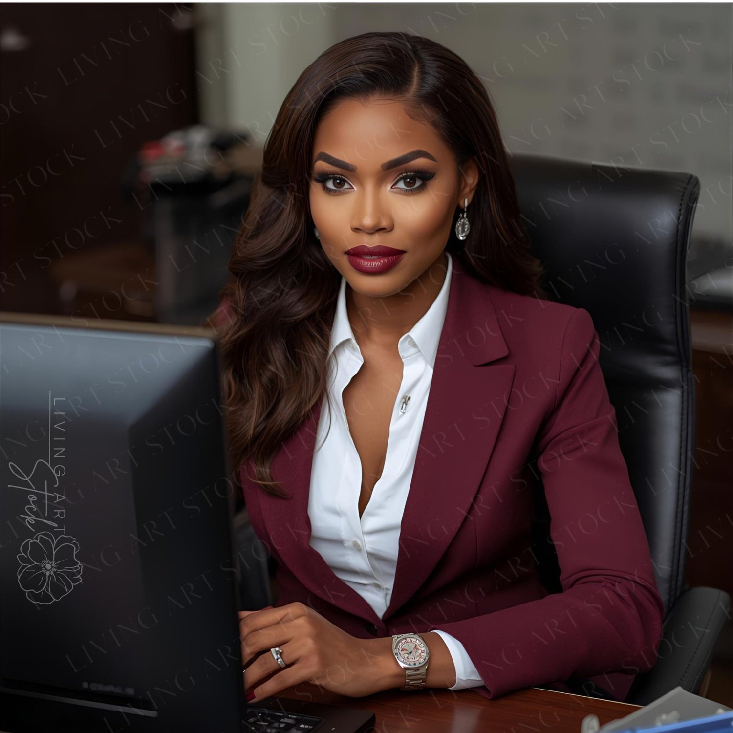 A powerful and high-fashion portrait of an attractive Black businesswoman or executive seated at a desk in a professional office. She is looking directly at the camera with a serious and confident expression. She is wearing a chic maroon or burgundy suit 