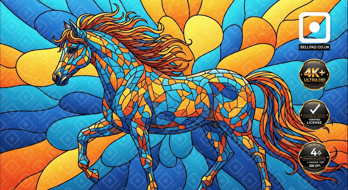 Vibrant Mosaic Horse Abstract Digital Art – Clean Interior Background