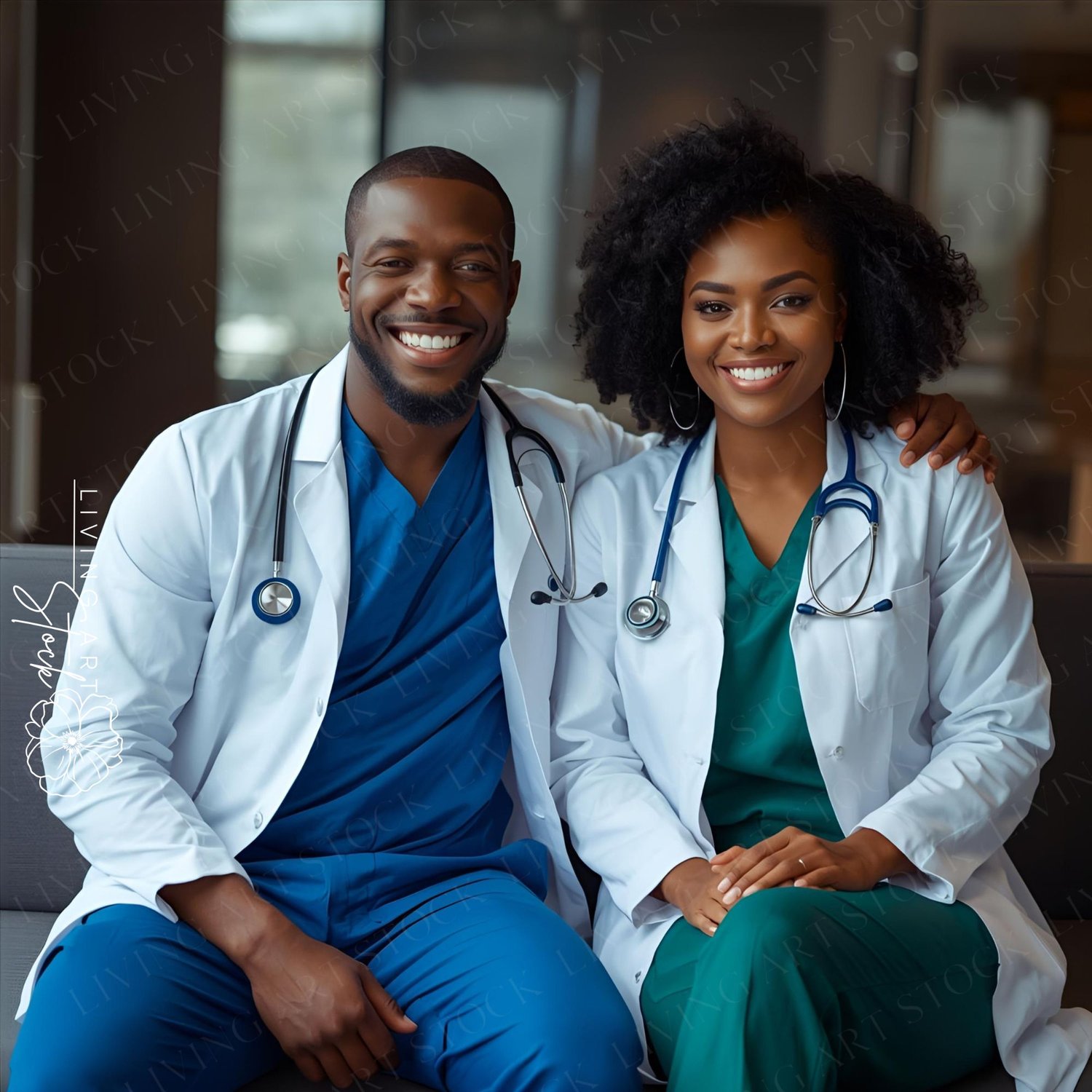A warm and professional portrait of two confident Black healthcare professionals—a man and a woman—sitting together in a modern clinic or hospital setting. Both are wearing white lab coats and stethoscopes, with the man wearing blue scrubs and the woman w
