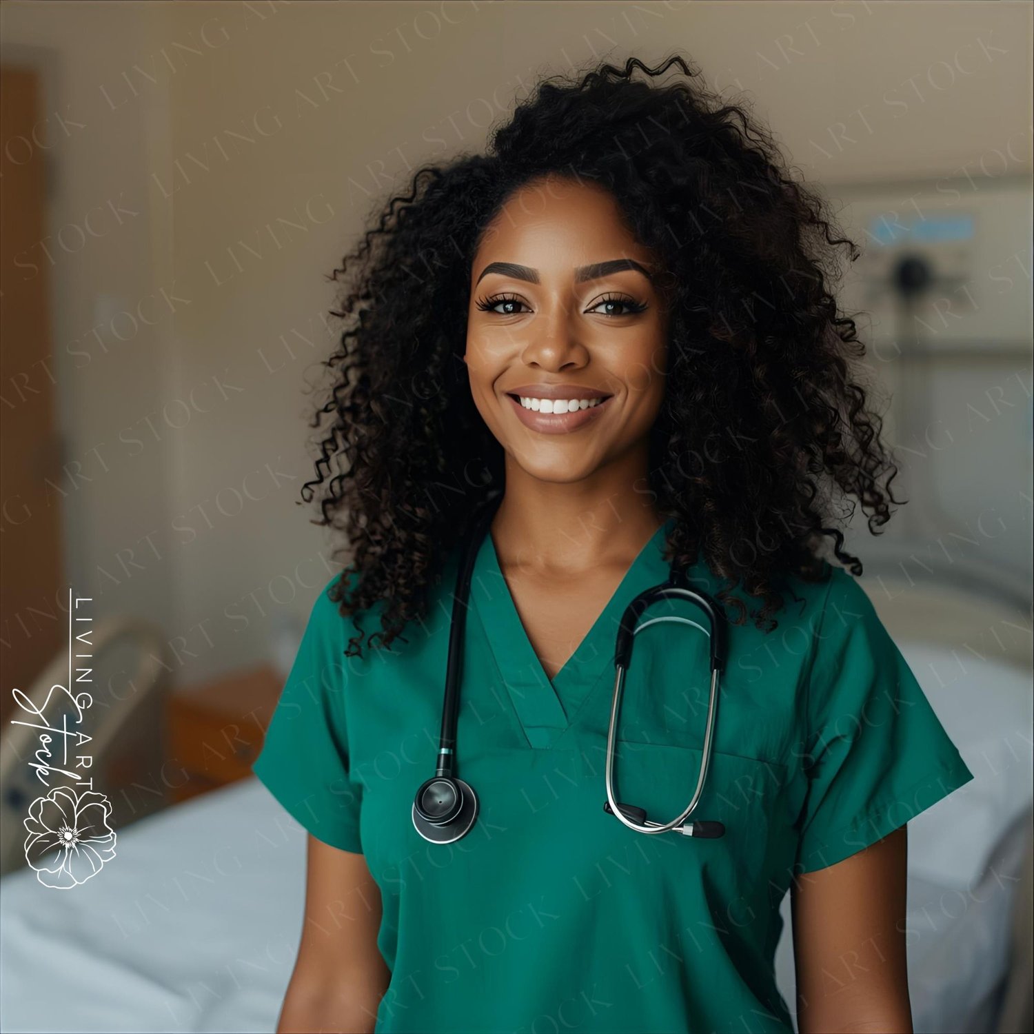 A bright and professional portrait of a beautiful Black woman who is a nurse or healthcare worker, standing in a hospital or clinic room. She is wearing traditional green scrubs and has a stethoscope draped around her neck. She has voluminous, dark, curly