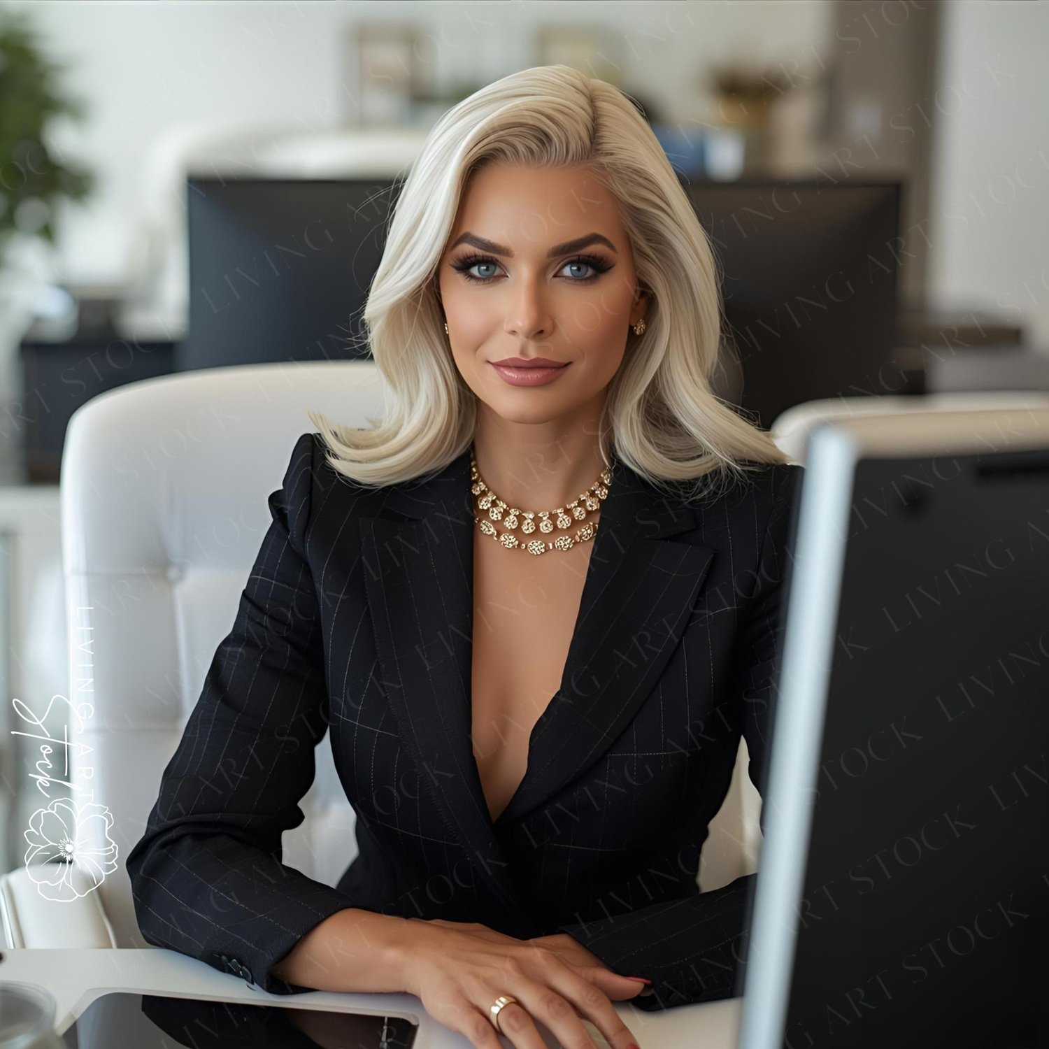 A powerful and glamorous portrait of a blonde businesswoman or executive seated at a desk in a modern office. She is looking directly at the camera with a confident and serious expression. She is wearing a chic black pinstripe suit jacket with a plunging 