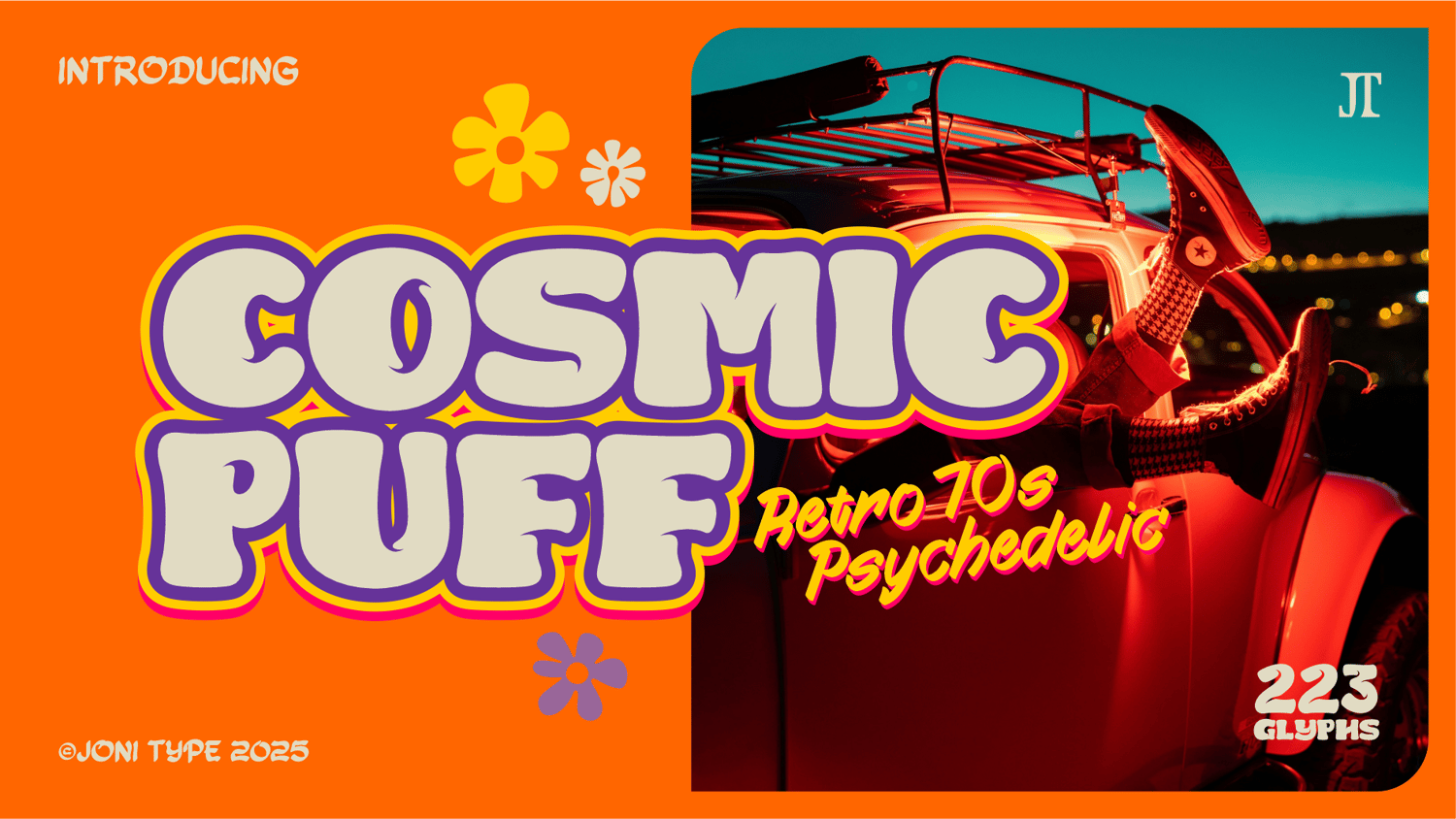 Cosmic Puff retro 70s psychedelic font with groovy bubble lettering and orange background