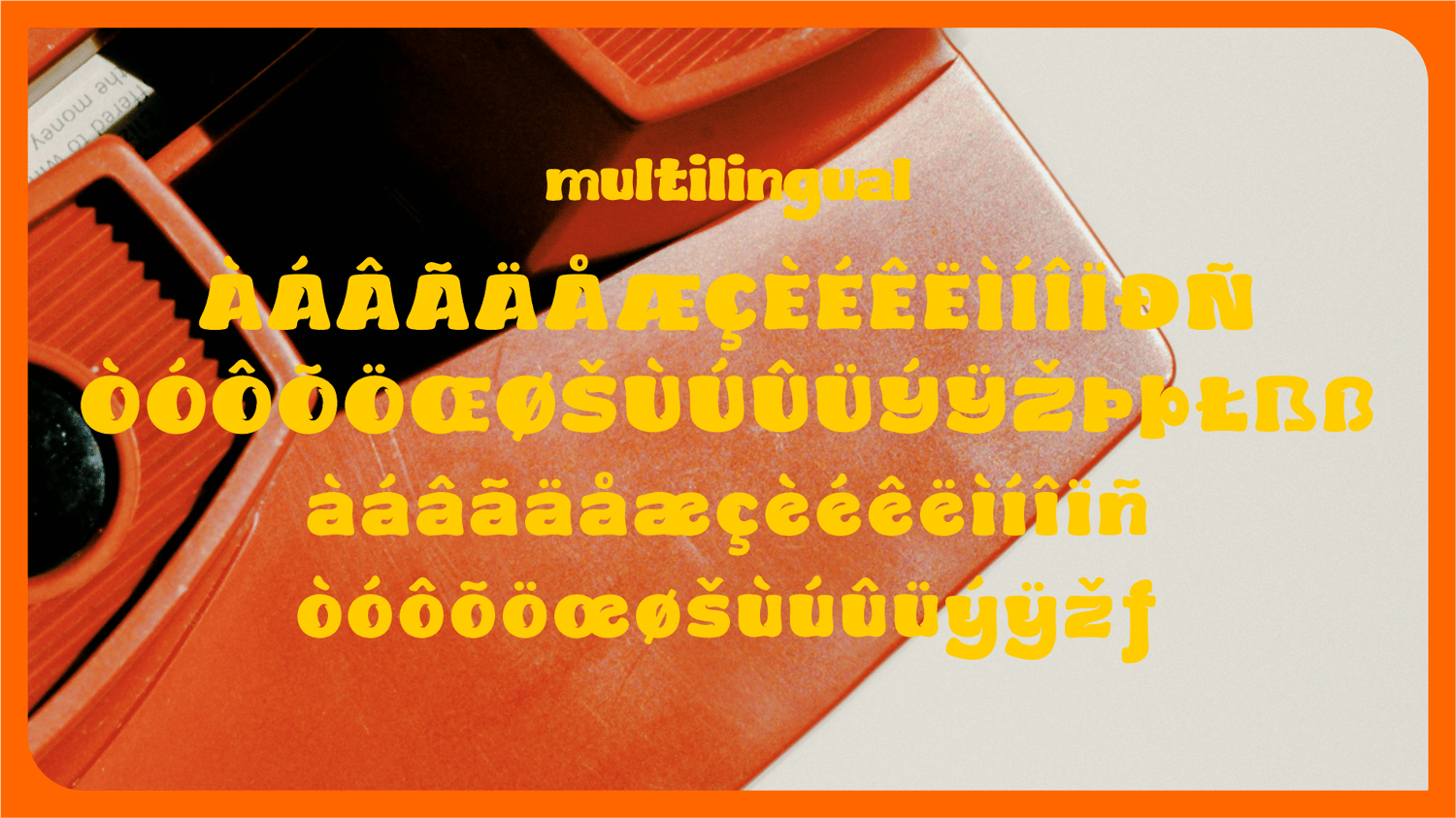 Cosmic Puff font multilingual characters with accents in yellow text and retro orange background