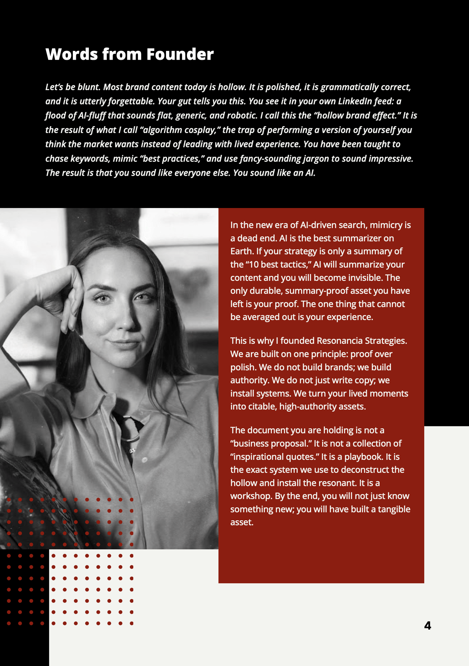 Founder letter from “Strategy That Resonates” with portrait of Campara Rozina de Haan, explaining the Proof over Polish principle and hollow brand effect.