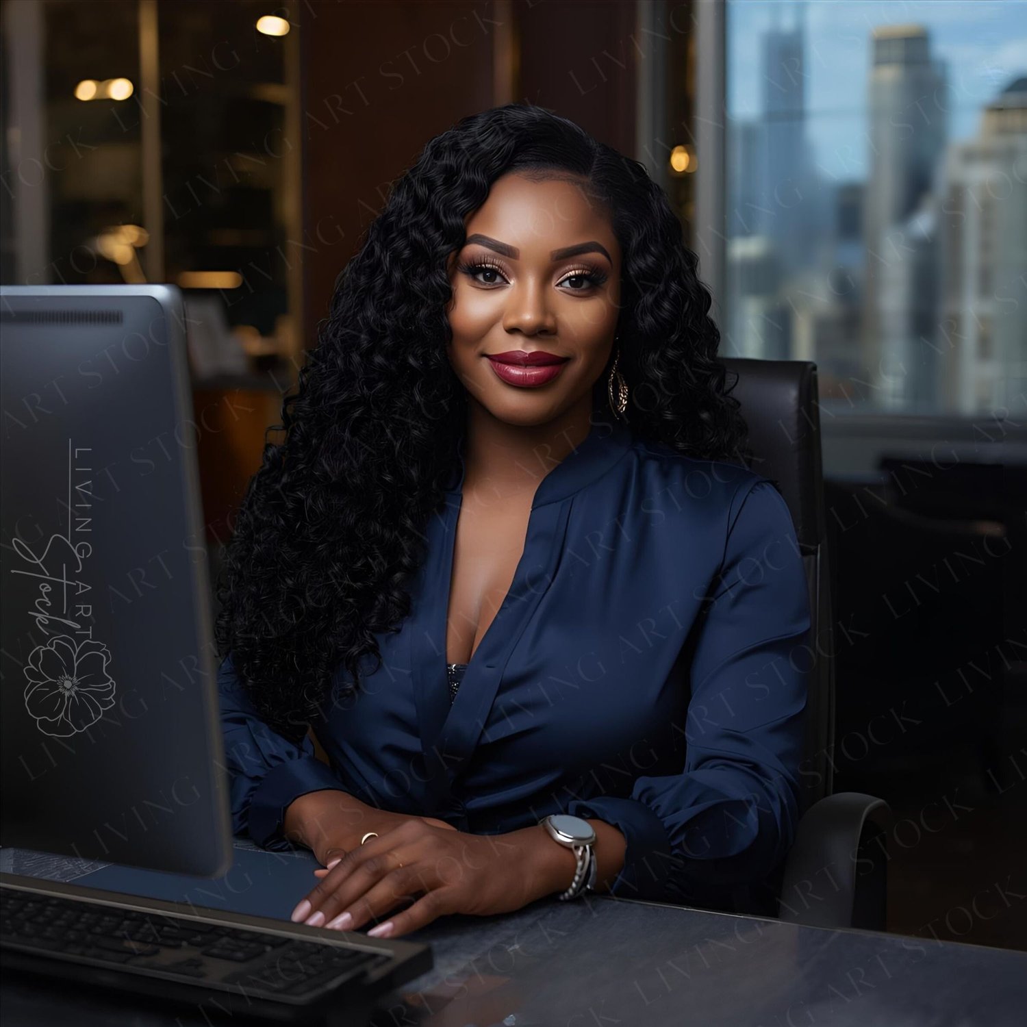 A confident and professional Black businesswoman is seated at a large desk in a modern, high-rise office. She is looking directly at the camera with a warm, engaging smile. She has long, dark, wavy hair and is wearing a sleek navy blue blouse and elegant 