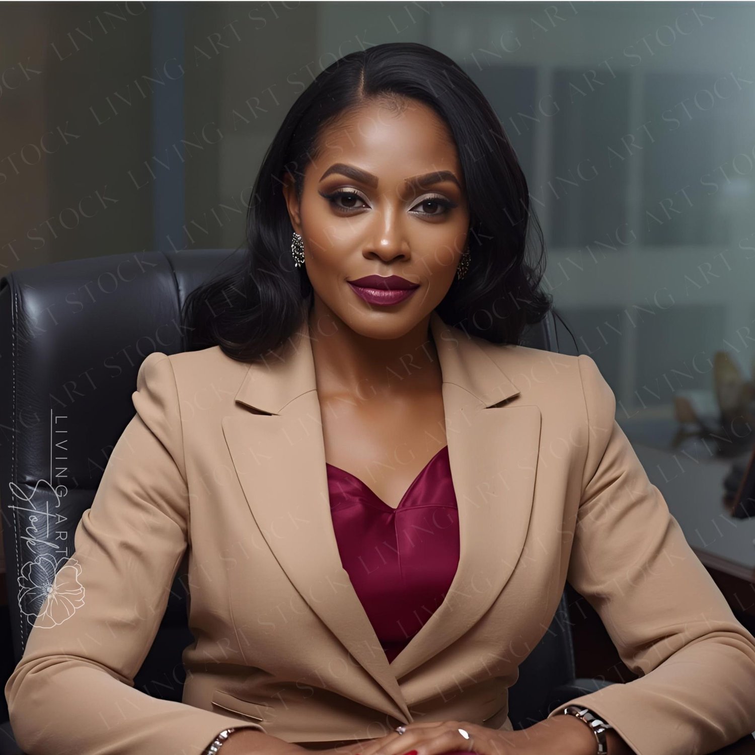 A focused and elegant Black businesswoman is captured in a professional, close-up portrait, seated in an executive leather chair. She is looking directly at the camera with a serious, confident expression. She is impeccably dressed in a tan or beige suit 