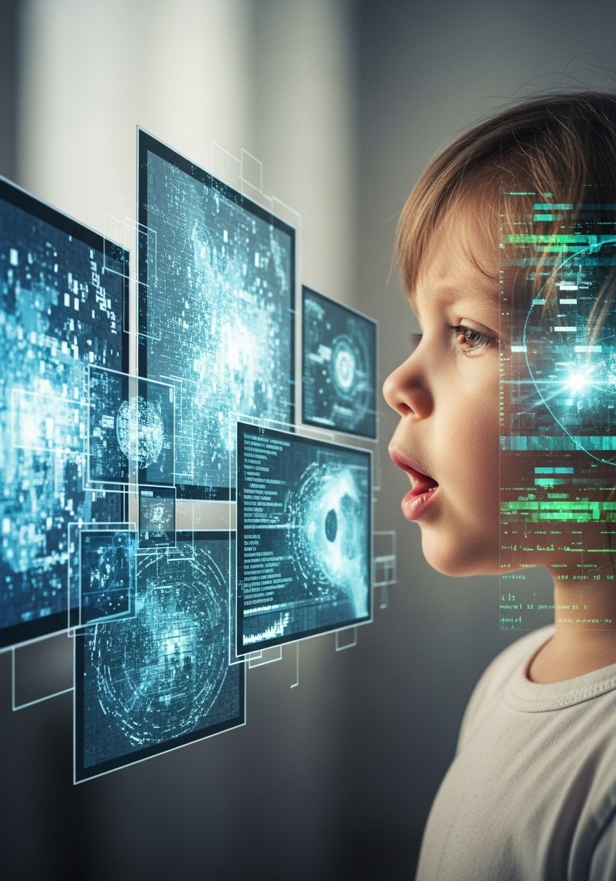 Criança tentando se comunicar enquanto está cercada por várias telas digitais, representando os atrasos na fala e a dificuldade de atenção causados pelo uso excessivo de tecnologia.