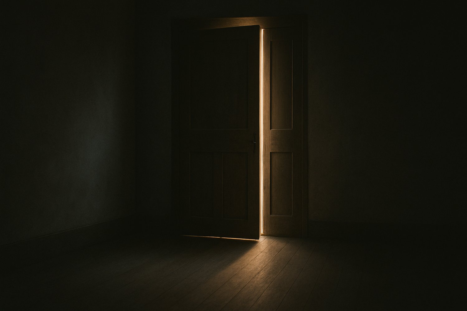 A dimly lit room with a single wooden door slightly open, warm light spilling through the crack into the darkness — symbolizing healing, self-discovery, and opening the door within yourself.