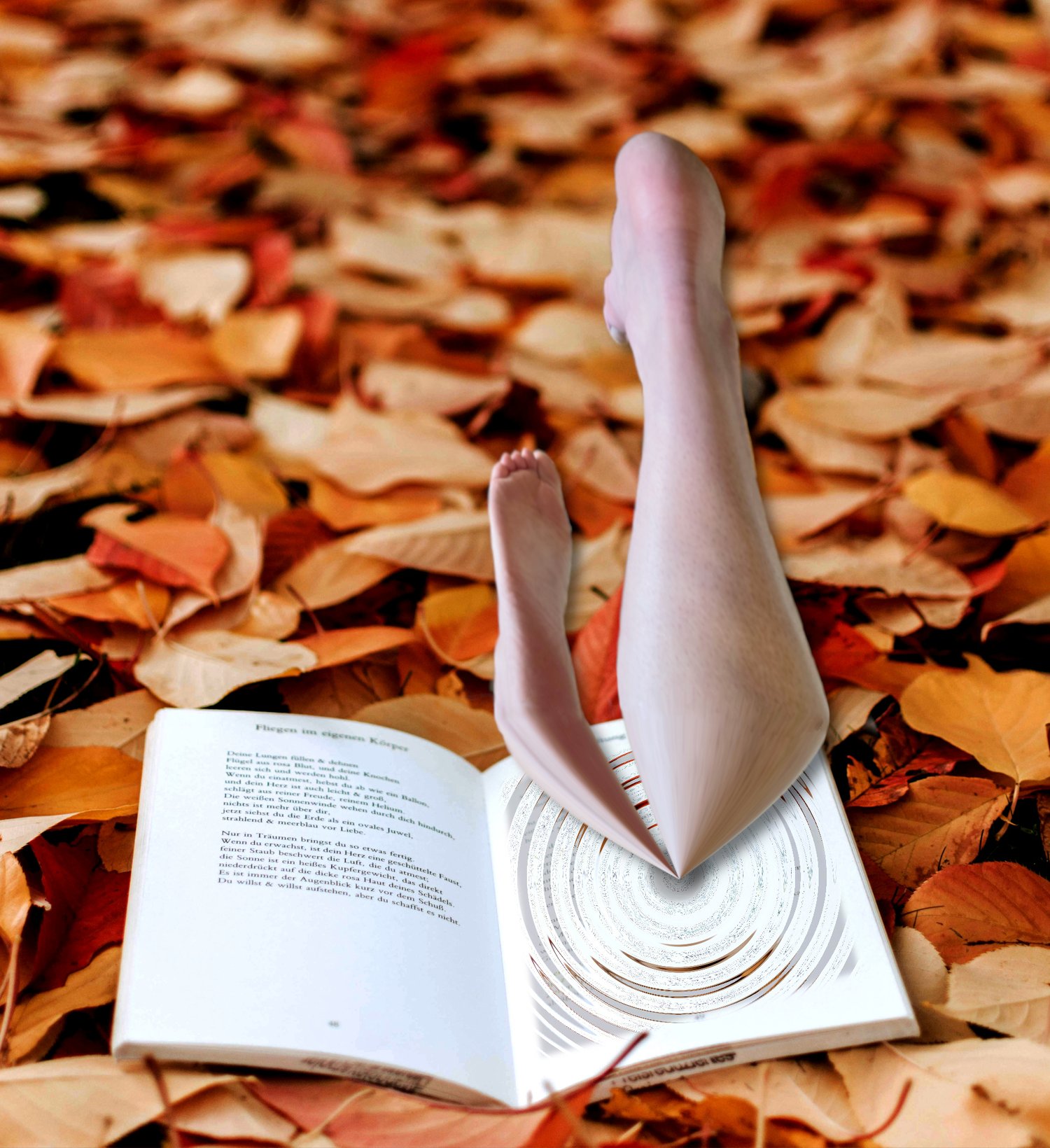 surreal image of legs being sucked into a book resting on a bed of fall leaves