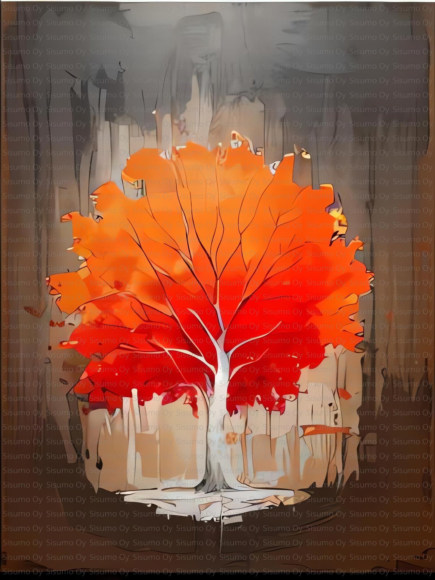 Abstract painting of a vibrant tree with red and orange leaves and a white trunk, set against a textured gray and brown background.