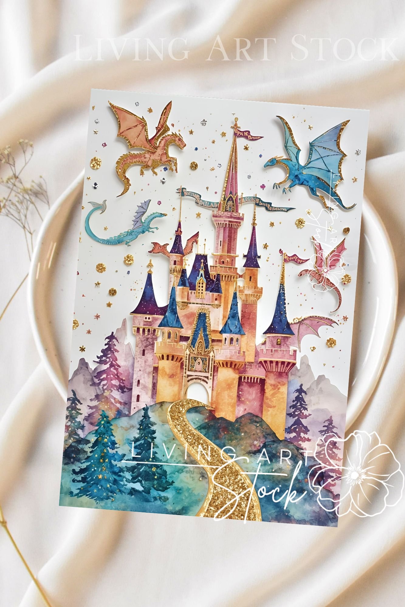 A whimsical and enchanting vertical illustration of a majestic, multi-turreted fantasy castle set against a white background. The castle is painted in soft watercolor hues of pink, gold, and lavender, with deep blue rooftops and spires, suggesting a dream