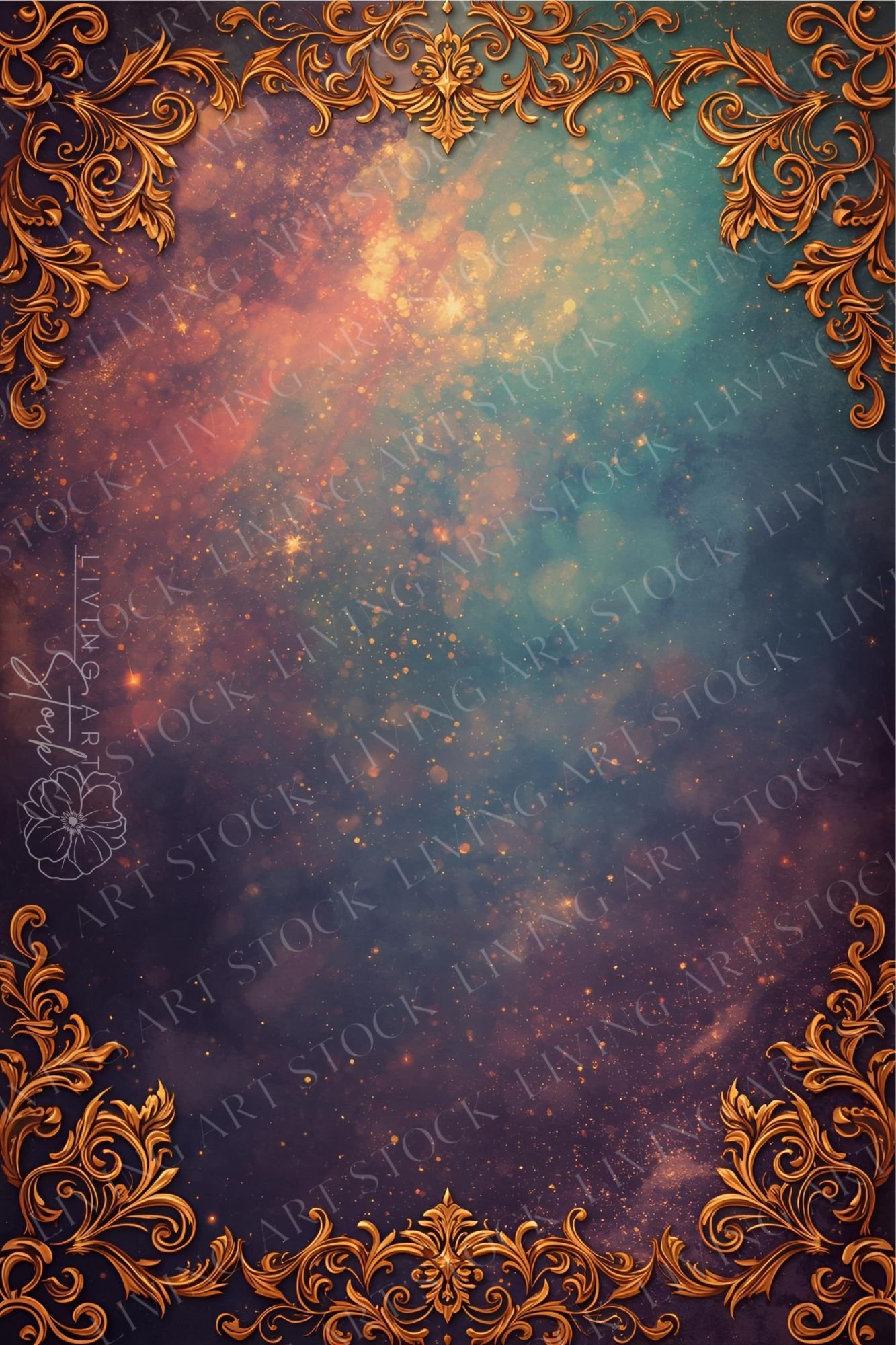 A luxurious, high-contrast, vertical background image featuring an intricate, ornate gold frame and border design. The decorative baroque and rococo scrollwork elements are placed in the four corners and along the bottom edge, creating a lavish, antique f