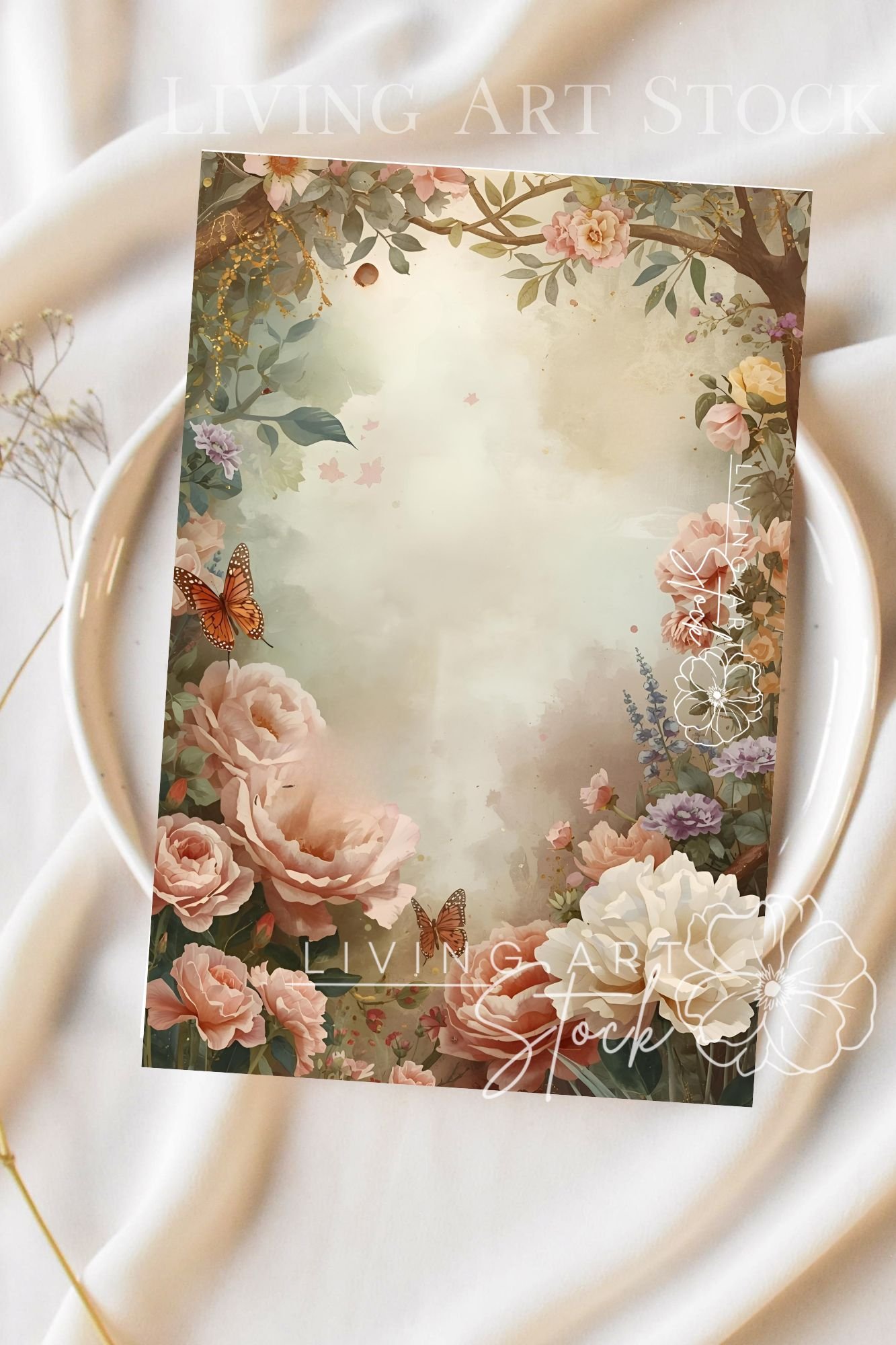 A delicate and romantic vertical image featuring a beautiful, natural floral frame surrounding a soft, light center perfect for copy space. The borders are filled with lush, painterly watercolor illustrations of various flowers, primarily large peonies an