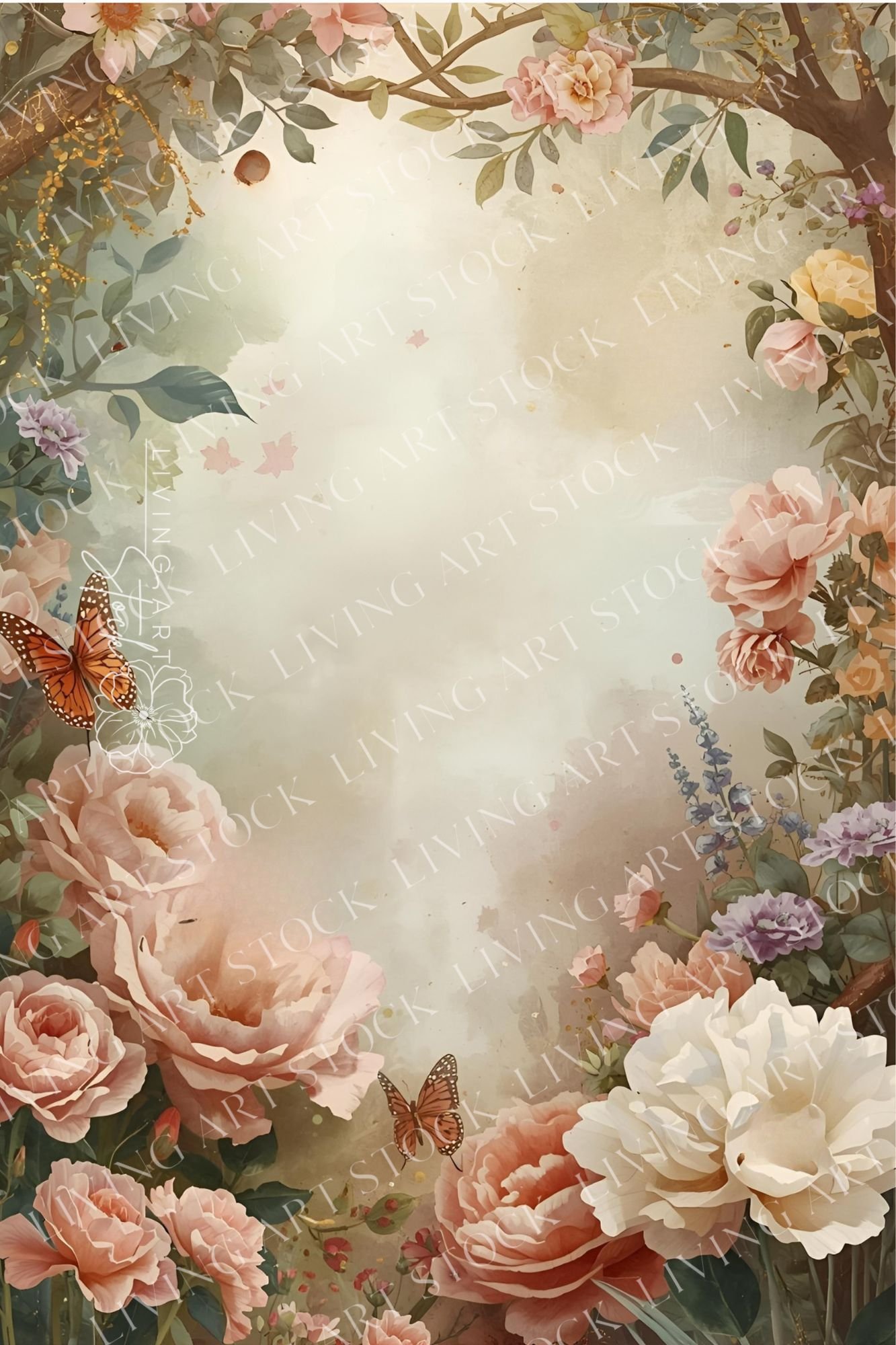 A delicate and romantic vertical image featuring a beautiful, natural floral frame surrounding a soft, light center perfect for copy space. The borders are filled with lush, painterly watercolor illustrations of various flowers, primarily large peonies an