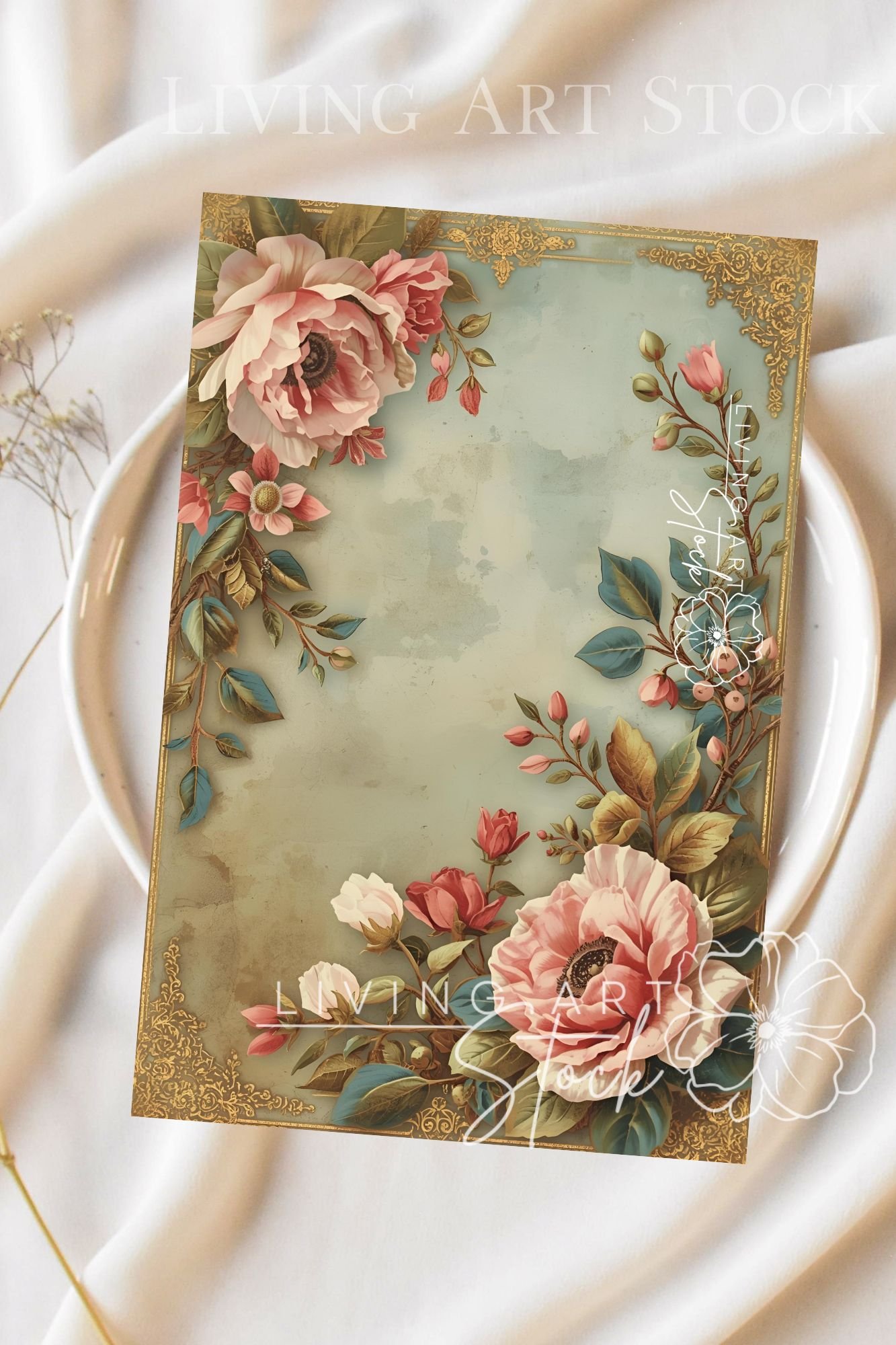 A highly decorative vertical background image featuring an antique-inspired composition of blush pink and deep rose peonies and roses with accompanying foliage, vines, and berries. The floral arrangement creates a natural, lush border around the edges, fr