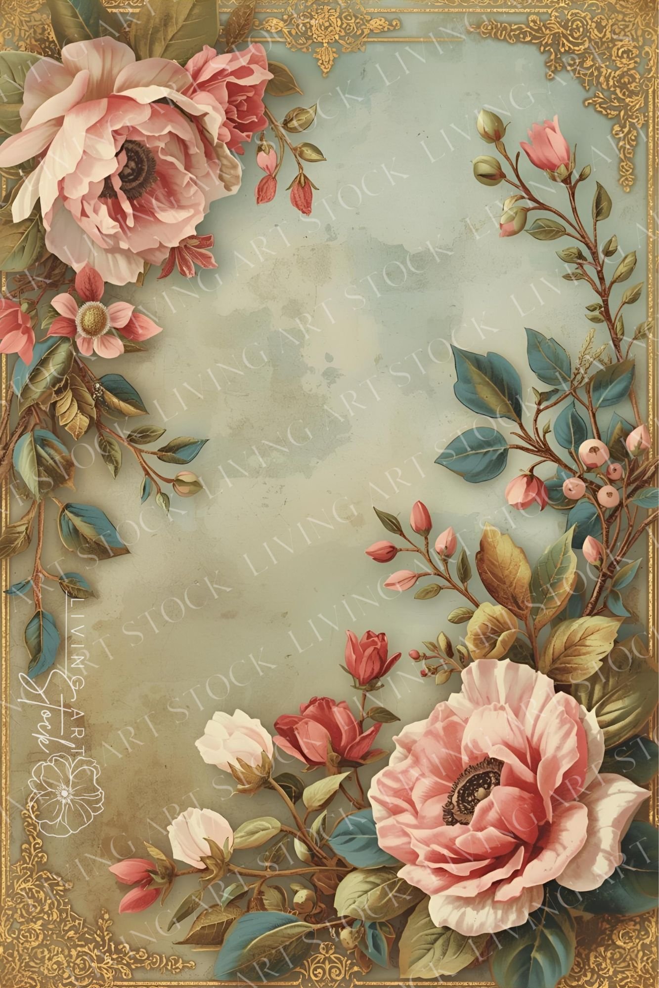 A highly decorative vertical background image featuring an antique-inspired composition of blush pink and deep rose peonies and roses with accompanying foliage, vines, and berries. The floral arrangement creates a natural, lush border around the edges, fr
