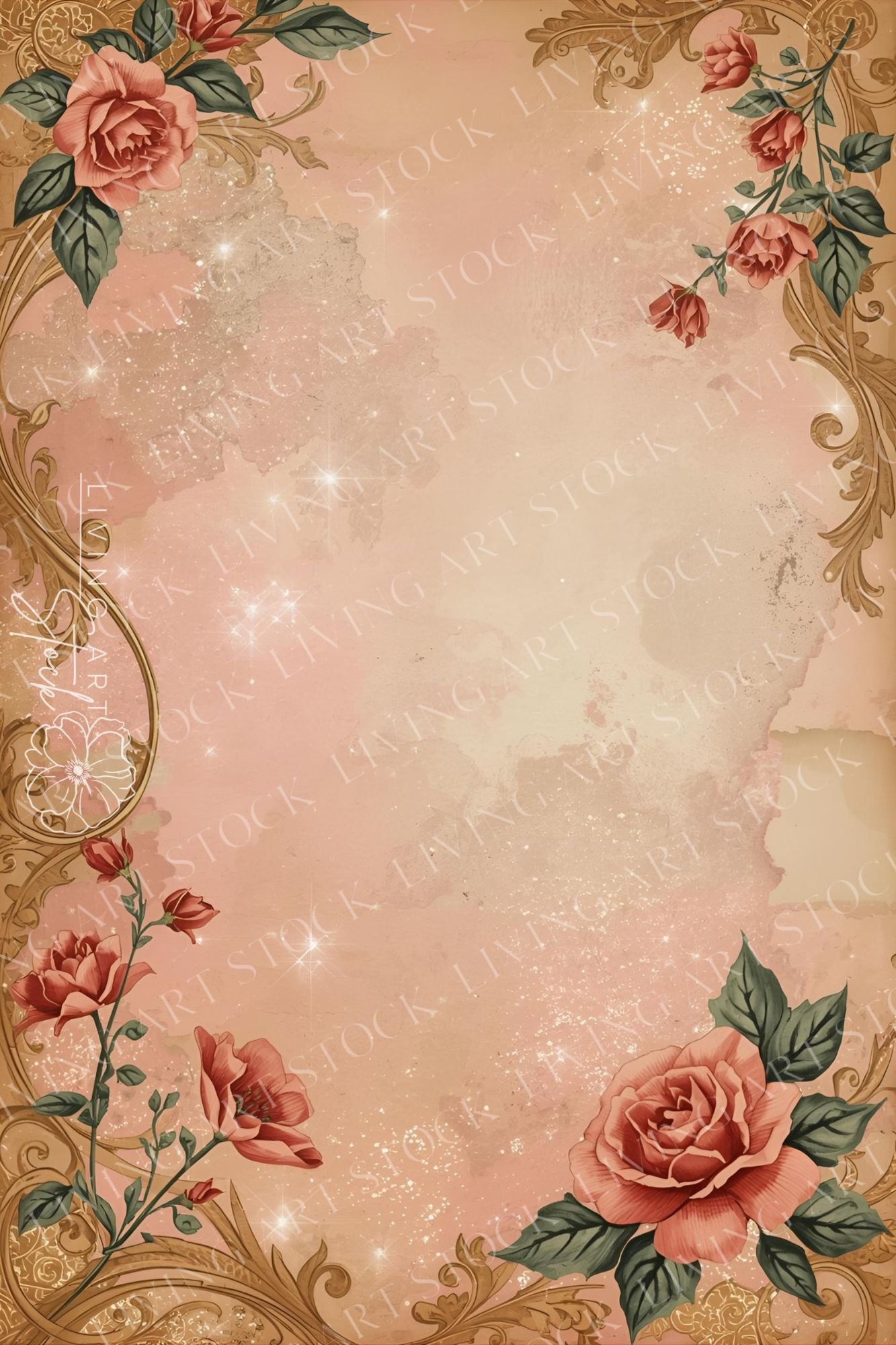A highly romantic and vertical background image featuring an elegant blend of vintage design elements. The image is framed by a luxurious Baroque or Rococo gold scrollwork border and frame, providing an antique, ornate structure. The border is accentuated