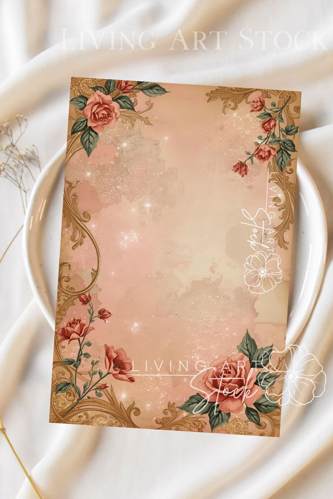 A highly romantic and vertical background image featuring an elegant blend of vintage design elements. The image is framed by a luxurious Baroque or Rococo gold scrollwork border and frame, providing an antique, ornate structure. The border is accentuated