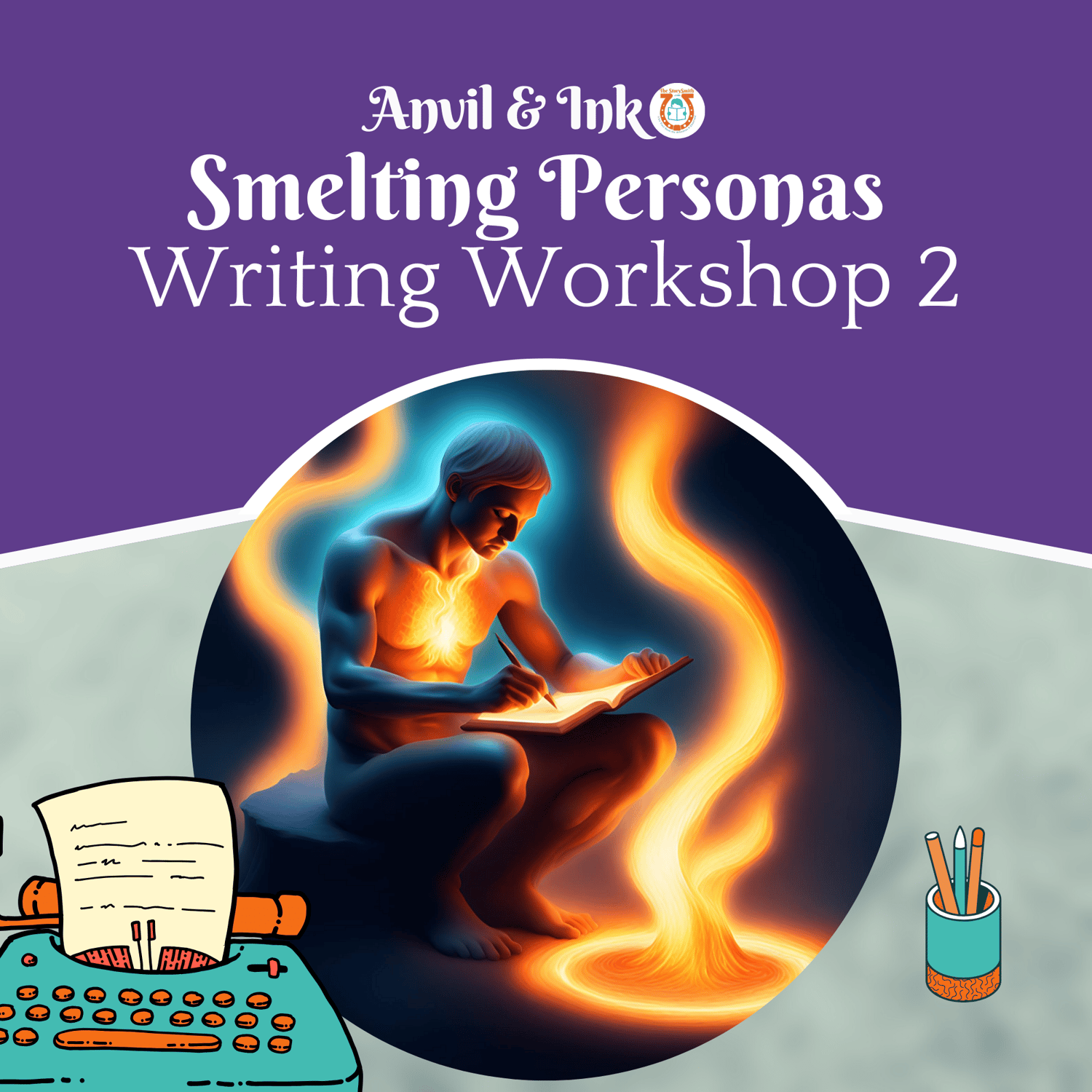 Character writing in front of swirling orange heat