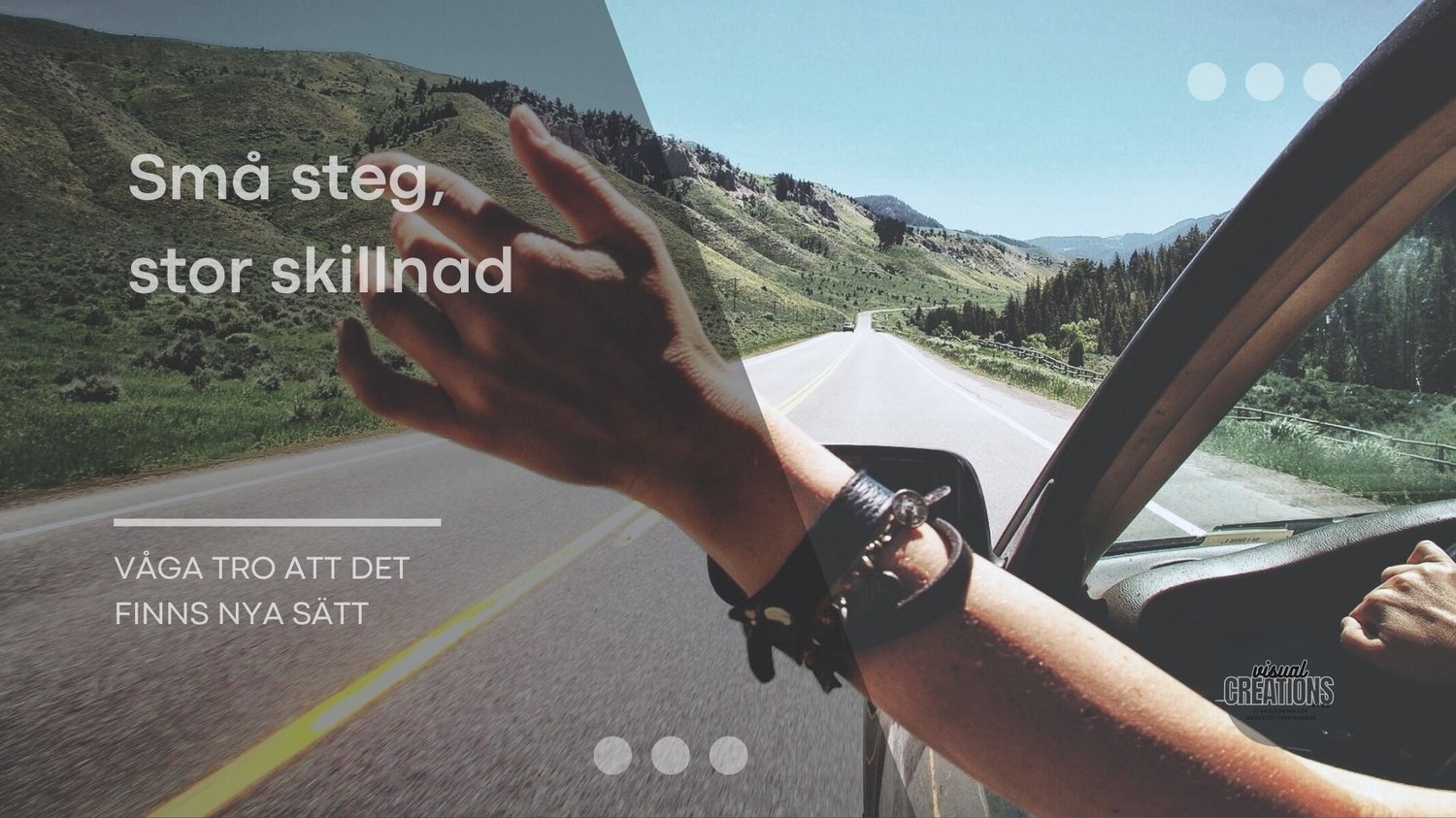 Små steg, stor skillnad, Bil kör på vägen, utsträckt hand genom bilfönstret