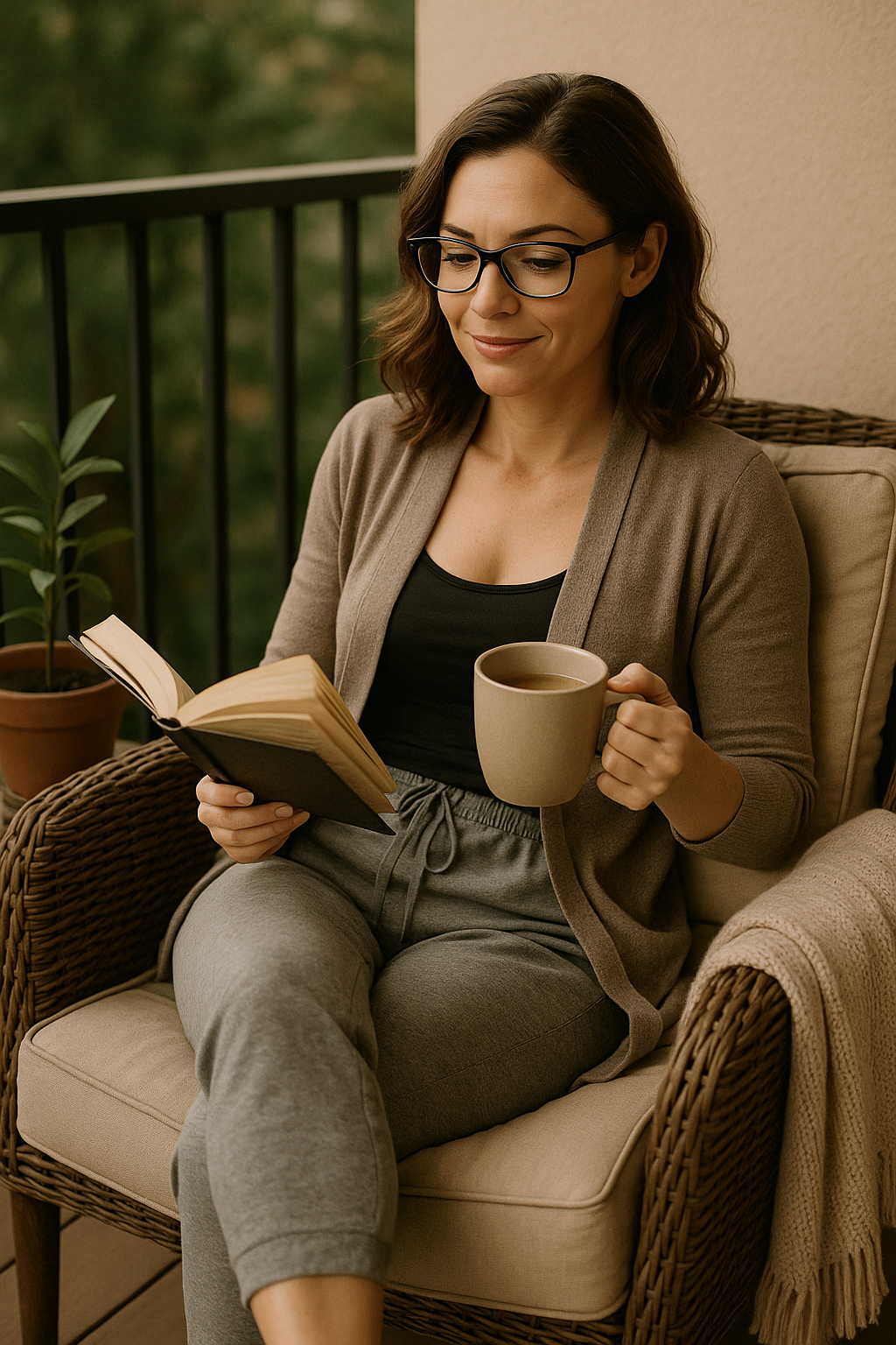 A woman sitting on a balcony in cozy neutral loungewear, reading a book and holding a mug of coffee. Warm natural light and calm atmosphere suggest quiet reflection and relaxation, fitting a blog post about creative writing, reading, or mindfulness, micro