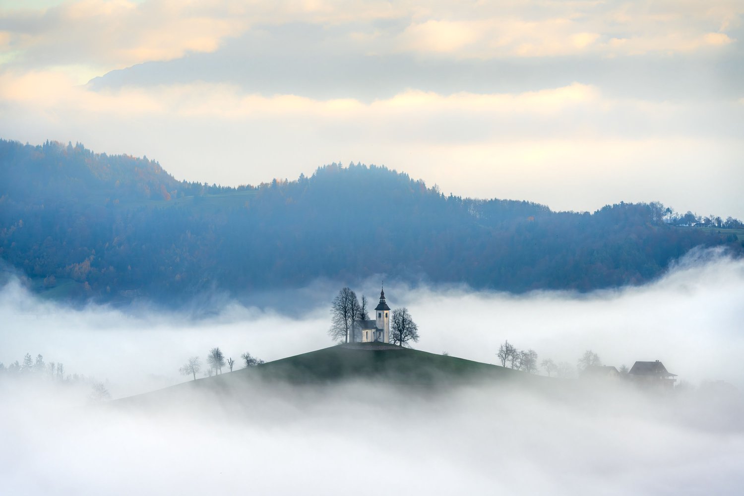 Slovenia sv tomaz 2025 small church hill top fog landscape photography